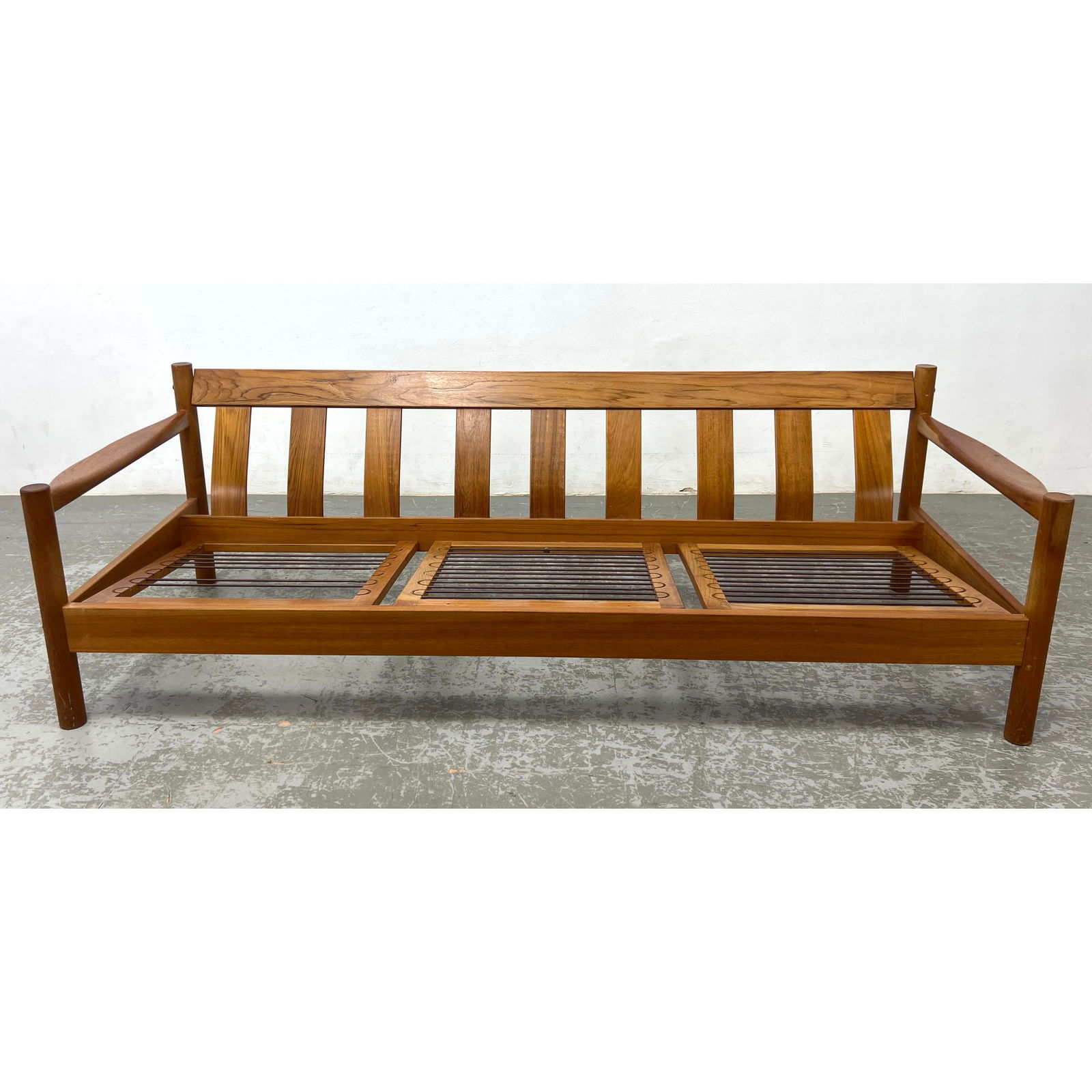 BERNSTORFFSMINDE Danish Modern Teak Settee. Wide Slat Back. Sloped Arms. Labeled. Danish Modern Teak (1 of 11)