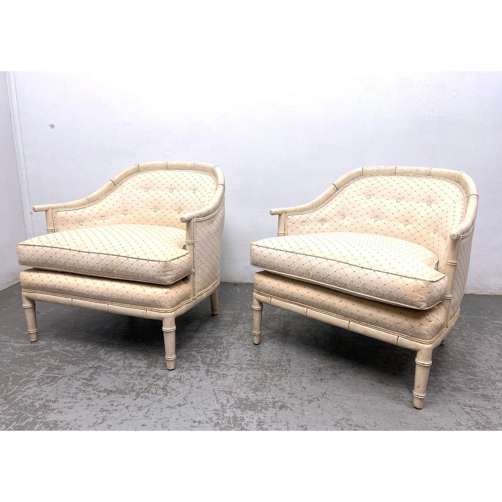 Pair Decorator Faux Bamboo Frame Lounge Chairs. White finish. (1 of 13)