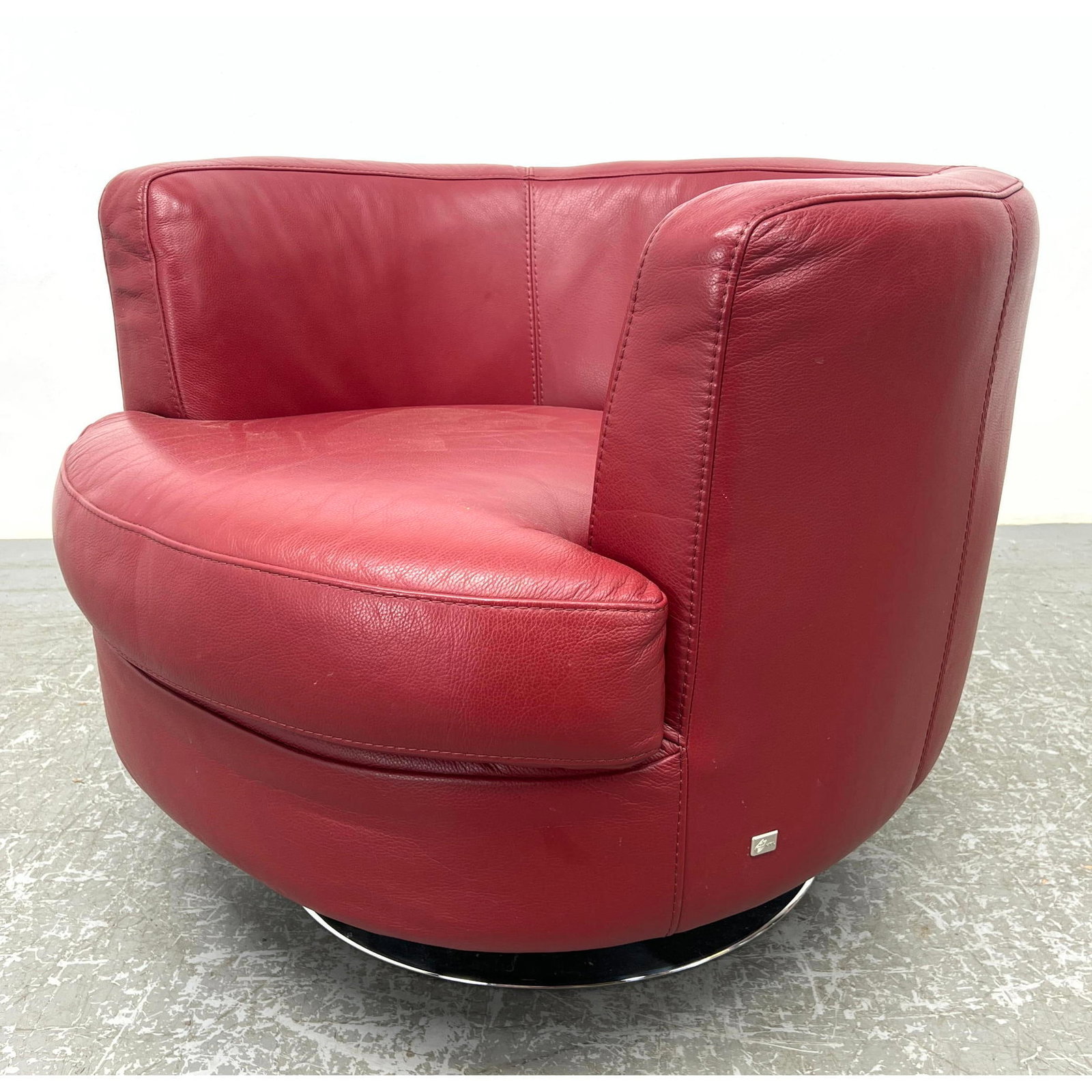 HTL Red Leather Swivel Lounge Chair: HTL Red Leather Swivel Lounge Chair Dimensions: Height: 27 inches, Width: 34 inches, Depth: 37 inches. - Seat Height: 19.5 inches --- - We offer curbside delivery for most items to NYC, Manhattan, Clo