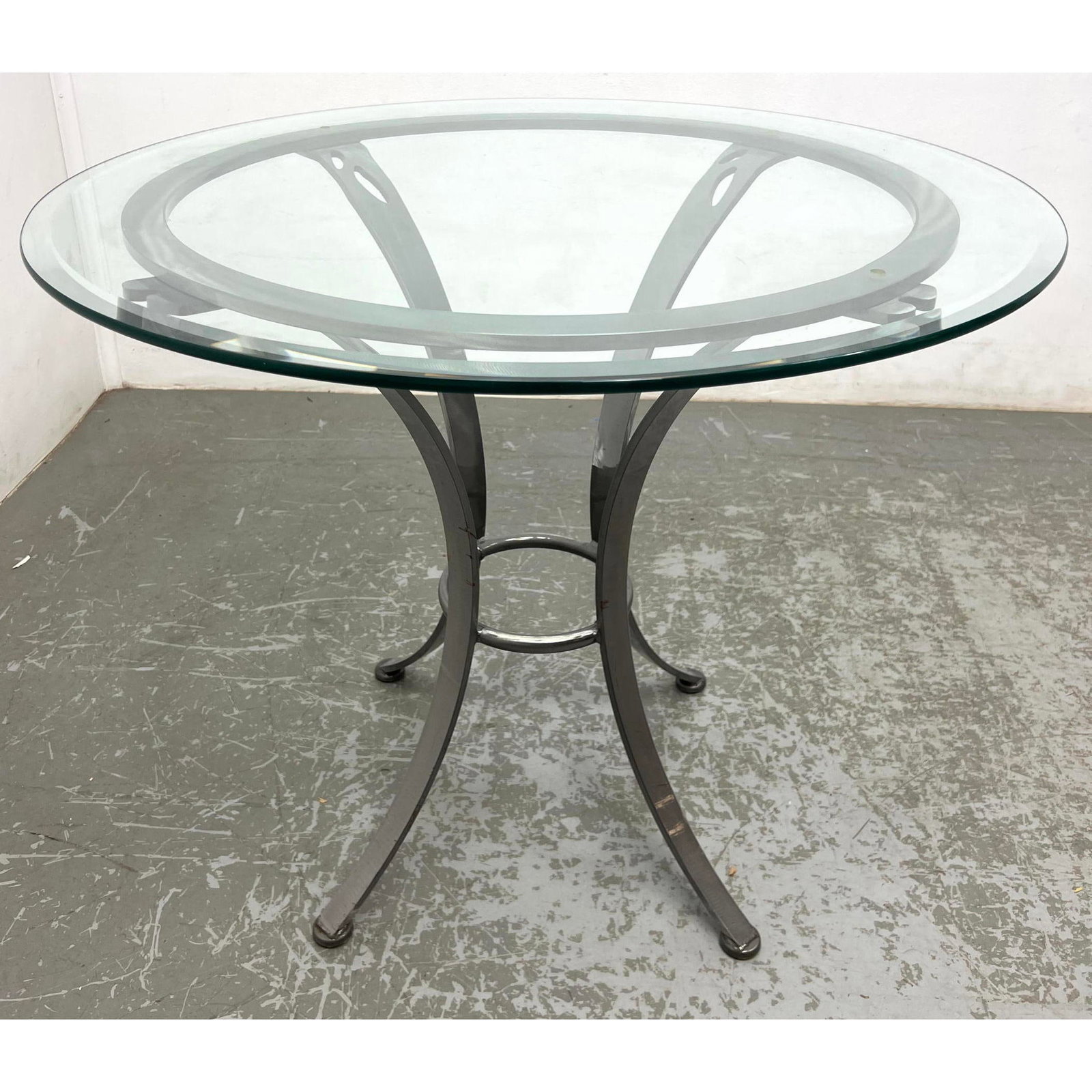 Contemporary Steel and Glass Cafe Dining Table.: Contemporary Steel and Glass Cafe Dining Table. Dimensions: Height: 30 inches, Width: 36 inches, Depth: 36 inches. --- - We offer curbside delivery for most items to NYC, Manhattan, Close Brooklyn, Ho