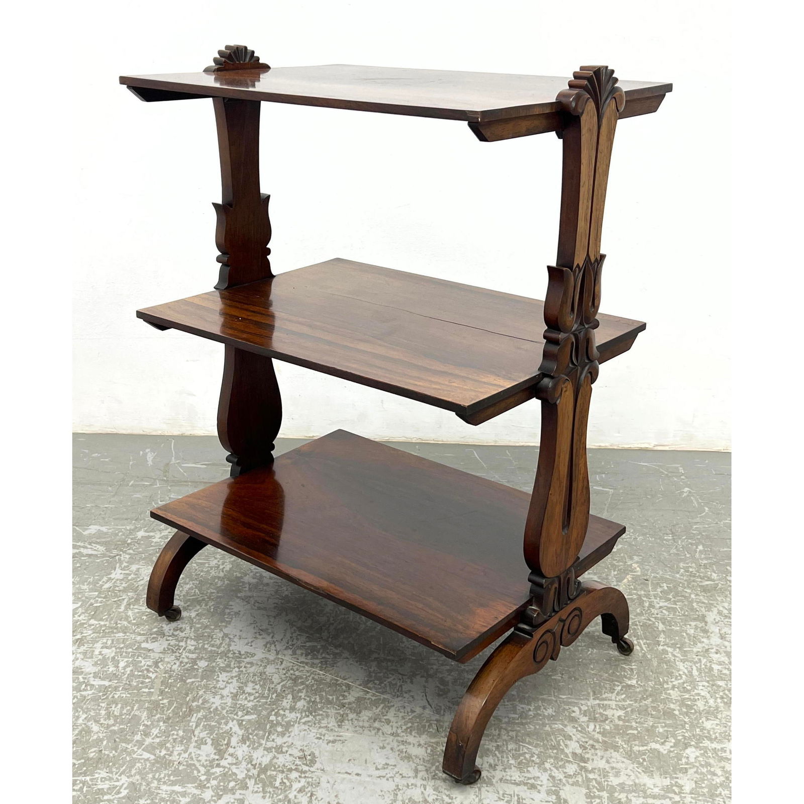 Antique Rosewood 3 Tier Serving Table Shelves. Carved Fancy Uprights. (1 of 13)