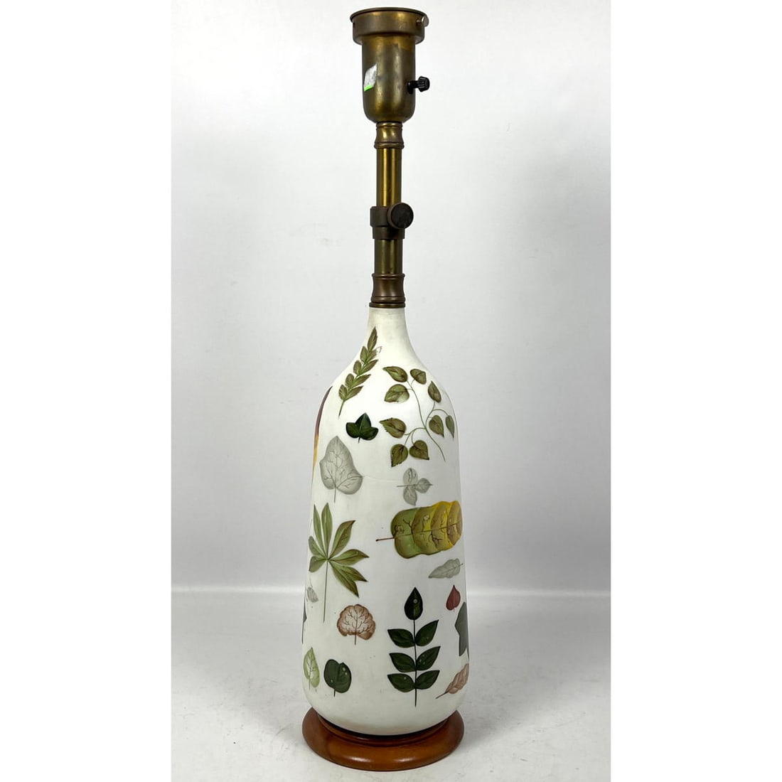 Handpainted white Glass Table Lamp with Brass Adjustable Stem. Botanical Design.: Handpainted white Glass Table Lamp with Brass Adjustable Stem. Botanical Design. Dimensions: Height: 25.5 inches, Width: 5.5 inches, Depth: 5.5 inches. --- US Packing and Shipping charge: In house shi