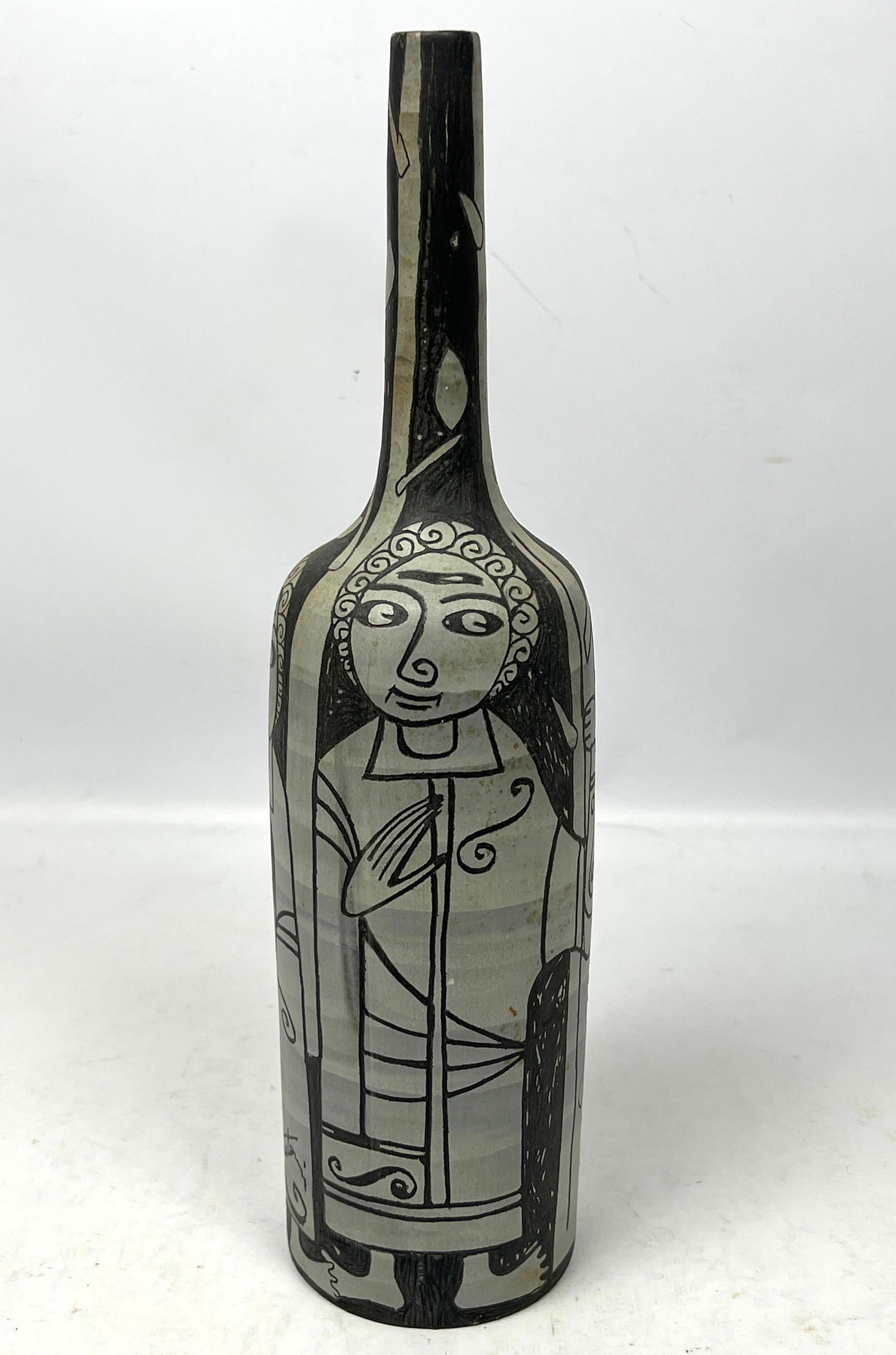 FANTONI Italian Modernist Pottery Bottle Form Vase. Two Incised and Painted Figures. MCM. Signed. (1 of 9)