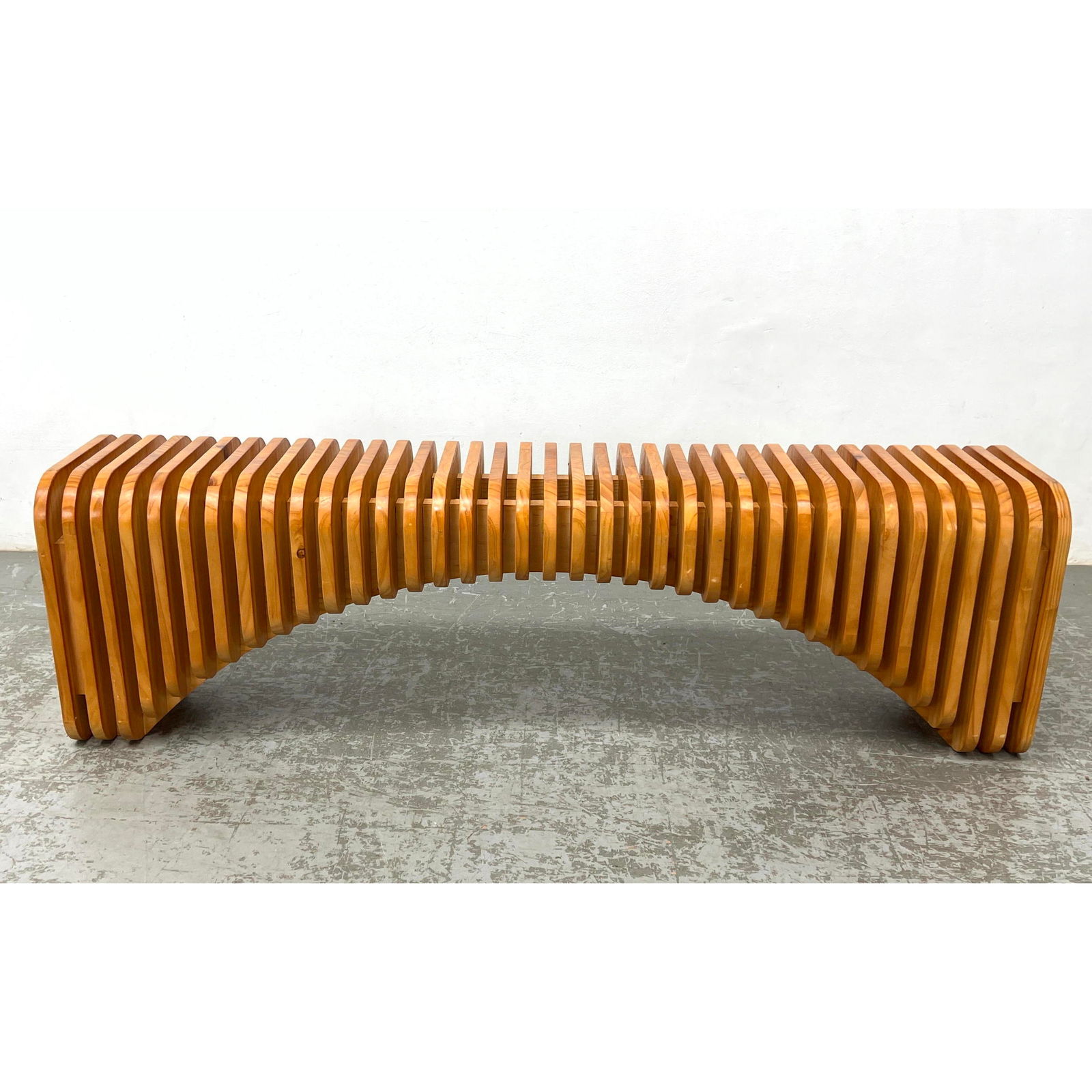 Modern Vertical Slat Curved Form Wood Bench. Flat Top above Arched Design. (1 of 9)