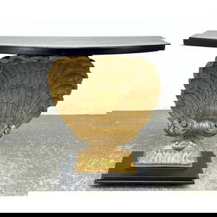 Grosfeld House Style Decorator Shell Form Console Table. Carved Plaster Shell form Hall Table. Fancy: Grosfeld House Style Decorator Shell Form Console Table. Carved Plaster Shell form Hall Table. Fancy gold painted shell form base with curved wood top. Dimensions: Height: 32 inches, Width: 38 inches,