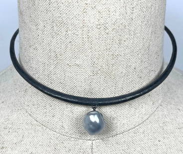 JOHN IVERSEN Oxidized Sterling Silver Collar. Baroque Pearl. Artisan Studio. Leaf Element is signed.: JOHN IVERSEN Oxidized Sterling Silver Collar. Baroque Pearl. Artisan Studio. Leaf Element is signed. .75" x .6" Pearl. Collar measures 14" with 3" opening --- US Packing and Shipping charge: Jewelry: