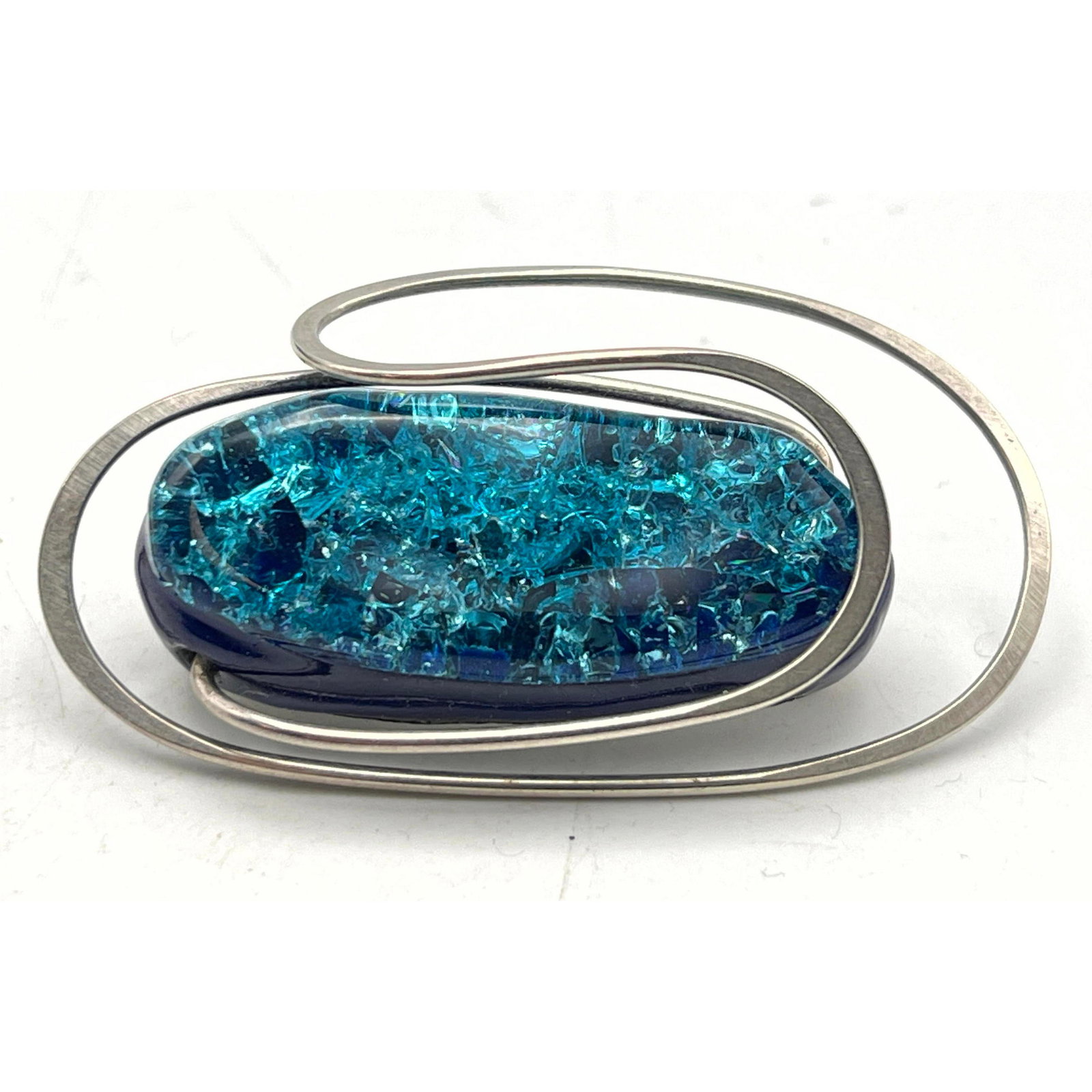 ELSARAMICS by ELSA FREUND Crackle Glass Brooch. MCM. Mid Century Modernist. Rich Turquoise Blue Glas (1 of 8)