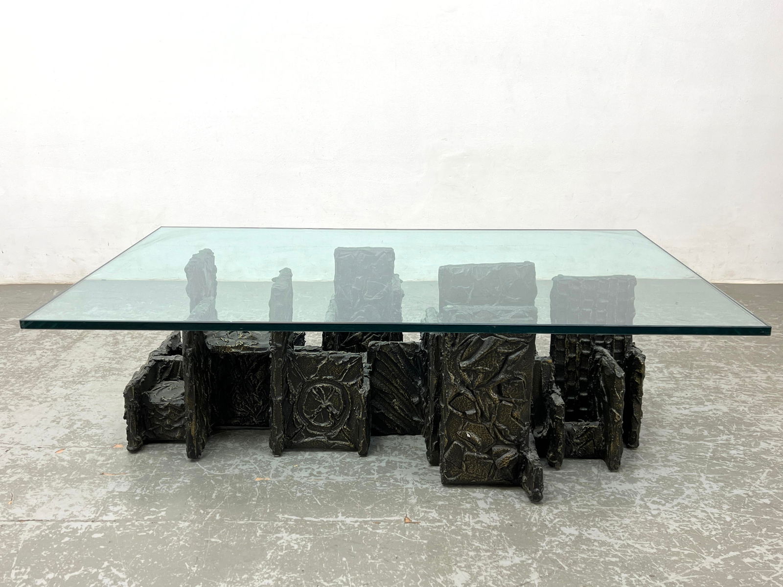Signed PAUL EVANS Goop Brutalist Coffee Table. Sculptural Architectural Base supports Thick Glass To (1 of 15)