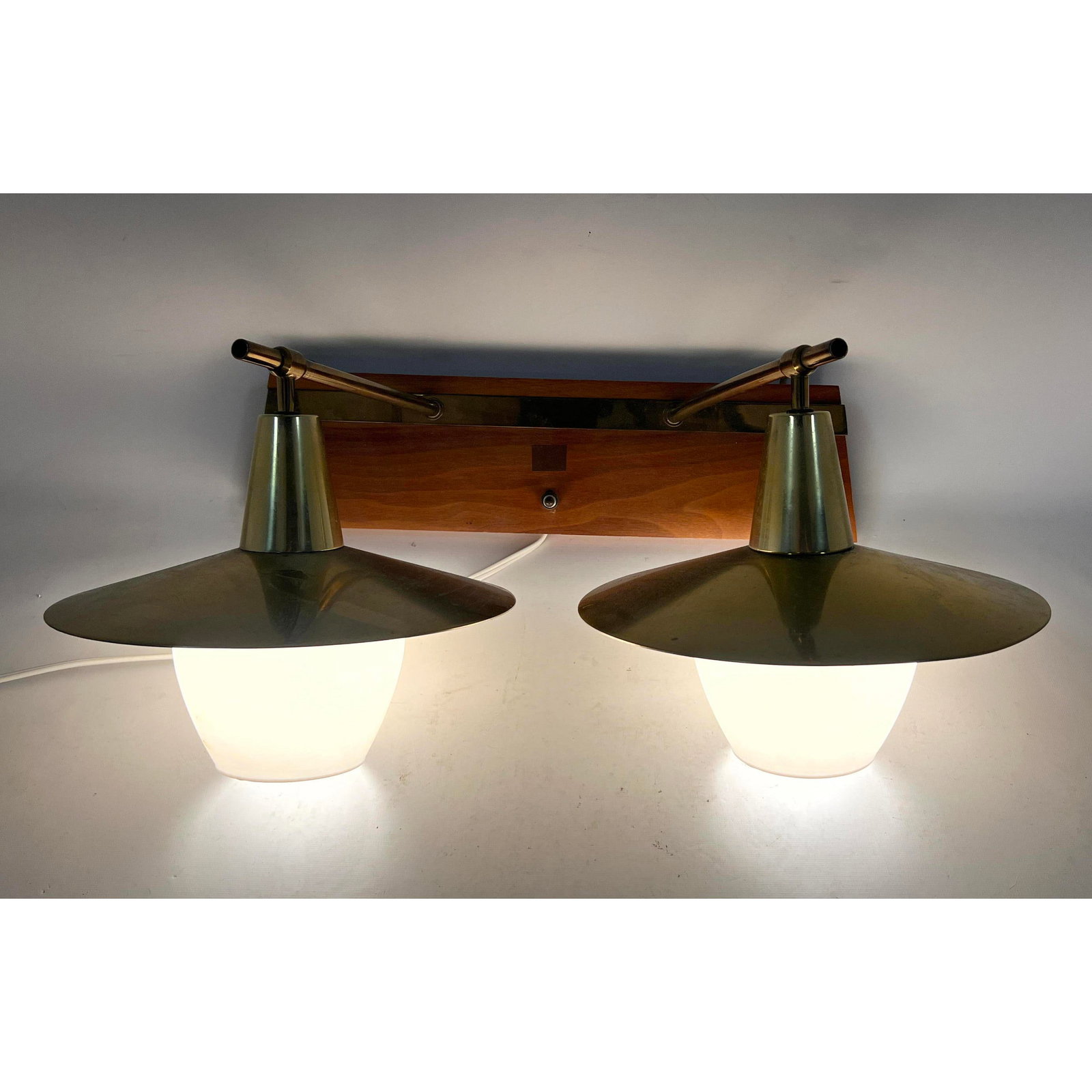 Danish Modern Teak, Brass Shade Wall Sconce. Double Lights mounted on Teak Panel. (1 of 14)