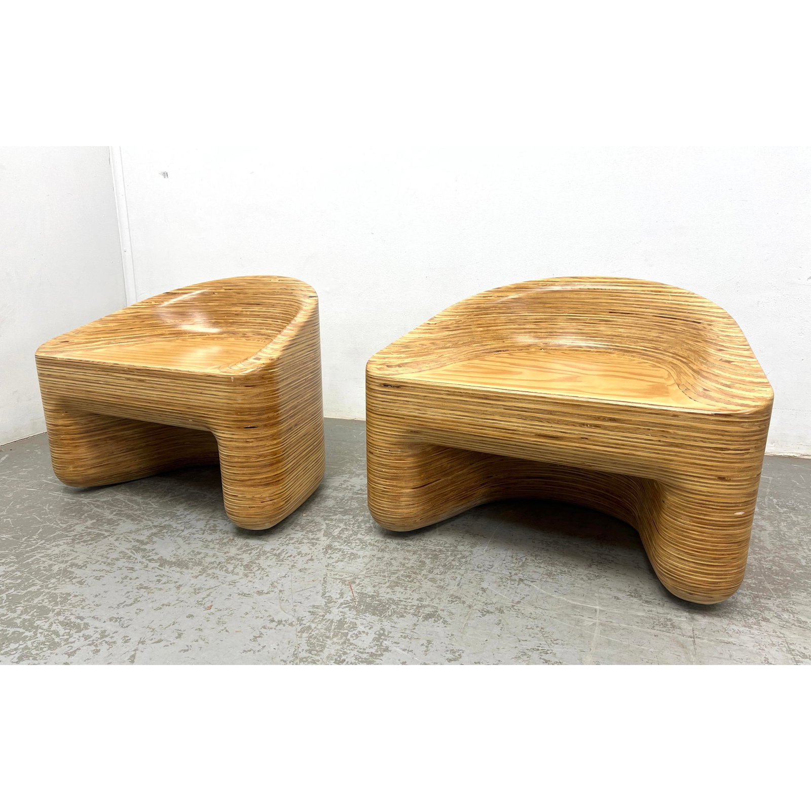 Pair of Mod Wood Artisan Stacked Laminate Birch Wood Low Lounge Chairs Benches. Unmarked.: Pair of Mod Wood Artisan Stacked Laminate Birch Wood Low Lounge Chairs Benches. Unmarked. Dimensions: Height: 22 inches, Width: 29.5 inches, Depth: 18 inches. - Seat Height: 15 inches --- - We offer c
