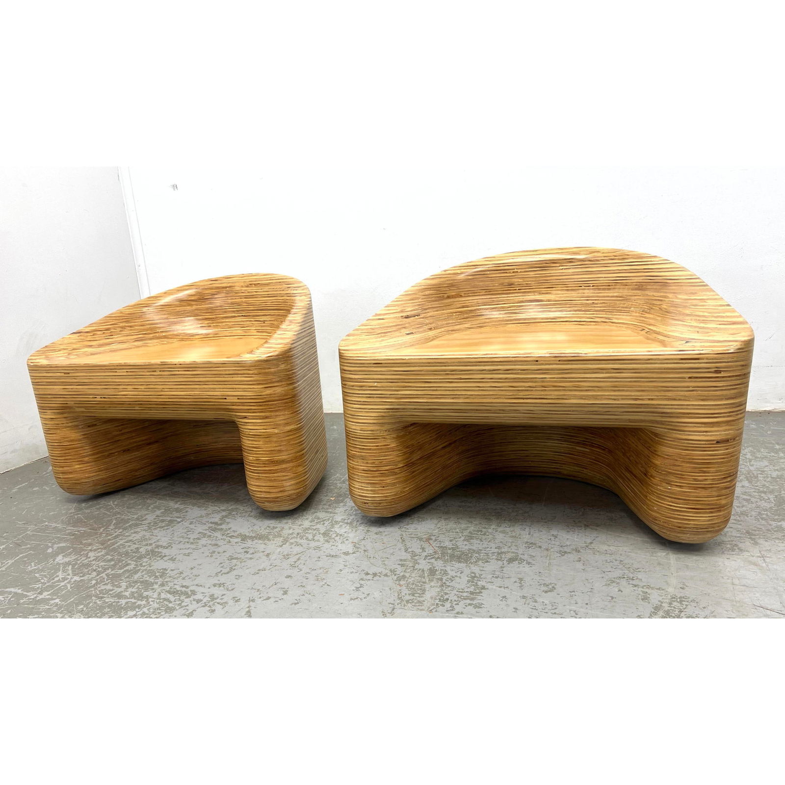 Pair of Mod Artisan Made Stacked Laminate Birch Wood Low Lounge Chairs Benches. Heavy and substantia (1 of 14)