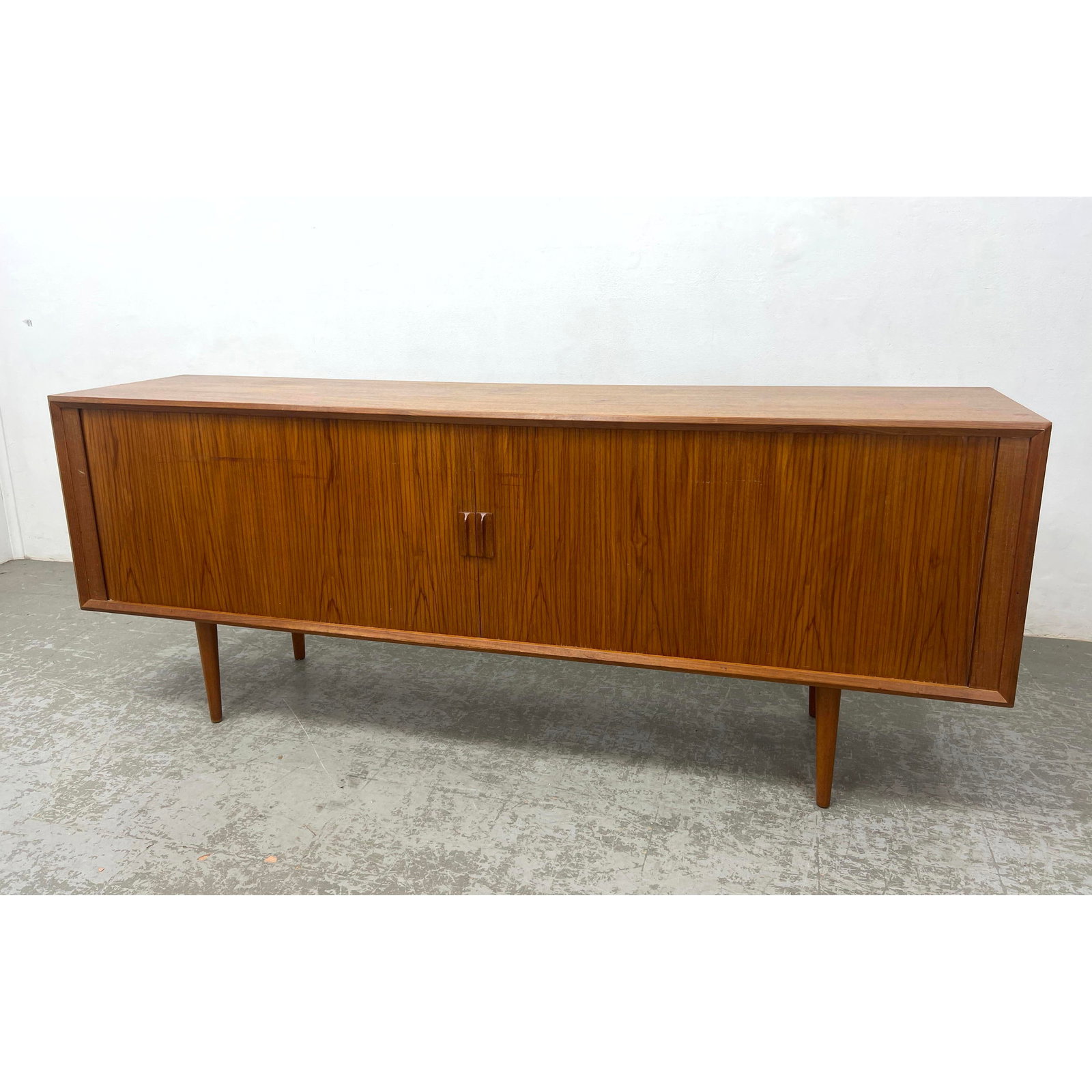 Svend A. Larsen for Faarup Teak Credenza Tambour Sliding Doors. Danish Modern .  Finished back. (1 of 10)