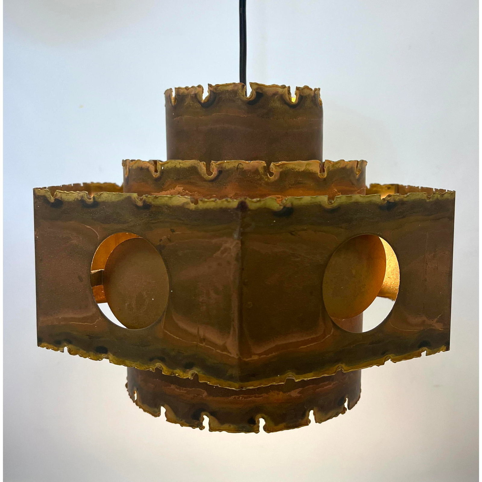 Square Svend Aage Holm-Sorensen style Pendant Hanging light. Flame Cut with brasstone color.: Square Svend Aage Holm-Sorensen style Pendant Hanging light. Flame Cut with brasstone color. Dimensions: Height: 9 inches, Width: 11 inches, Depth: 11 inches. --- US Packing and Shipping charge: In ho