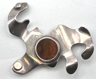 SAM KRAMER Marked Sterling Silver Pin. Organic Biomorphic Shape with Bezel Set Stone. Mid Century Mo: SAM KRAMER Marked Sterling Silver Pin. Organic Biomorphic Shape with Bezel Set Stone. Mid Century Modern NYC Village Jeweler. Dimensions: Height: 2.5 inches, Width: 2.5 inches. --- US Packing and Ship
