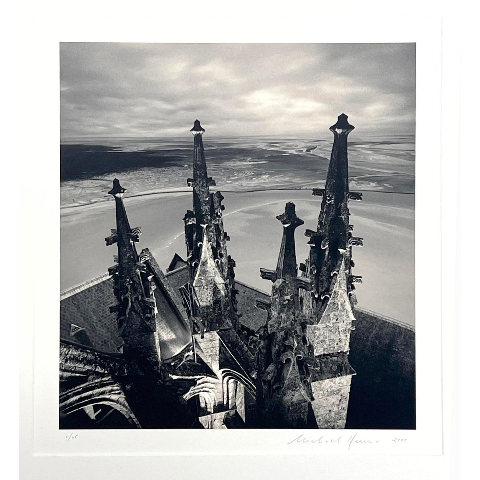 MICHAEL KENNA 2000 Silver Gelatin Print, Church Spires. "Six p.m., Mont St. Michel, France. 2000" Ar: MICHAEL KENNA 2000 Silver Gelatin Print, Church Spires. "Six p.m., Mont St. Michel, France. 2000" Artist Pencil Signed and Dated. 2000. #6/45 Dimensions: Frame Height: 20 inches, Frame Width: 16 inche