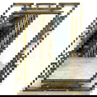 Original PHILIP and KELVIN LaVERNE Bronze Designer Mirror. Engraved Signature. Asian Modernist Latti: Original PHILIP and KELVIN LaVERNE Bronze Designer Mirror. Engraved Signature. Asian Modernist Lattice designed frame. Dimensions: Height: 48 inches, Width: 36 inches, Depth: 1 inches. --- - We offer