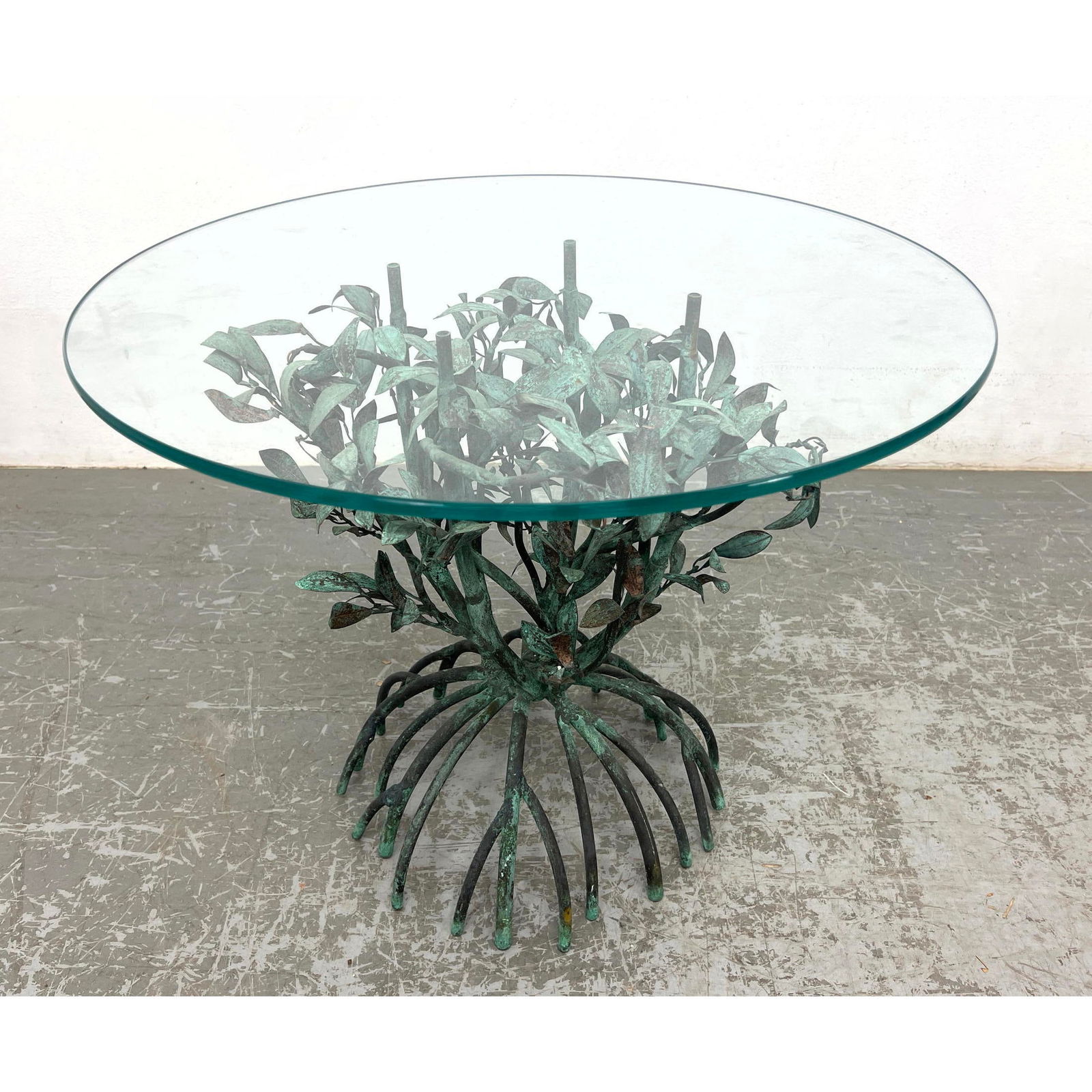 Vintage Copper Metal Side Table. Organic Plant Form Metal Sculptural Base with Curved Roots. Round G (1 of 8)