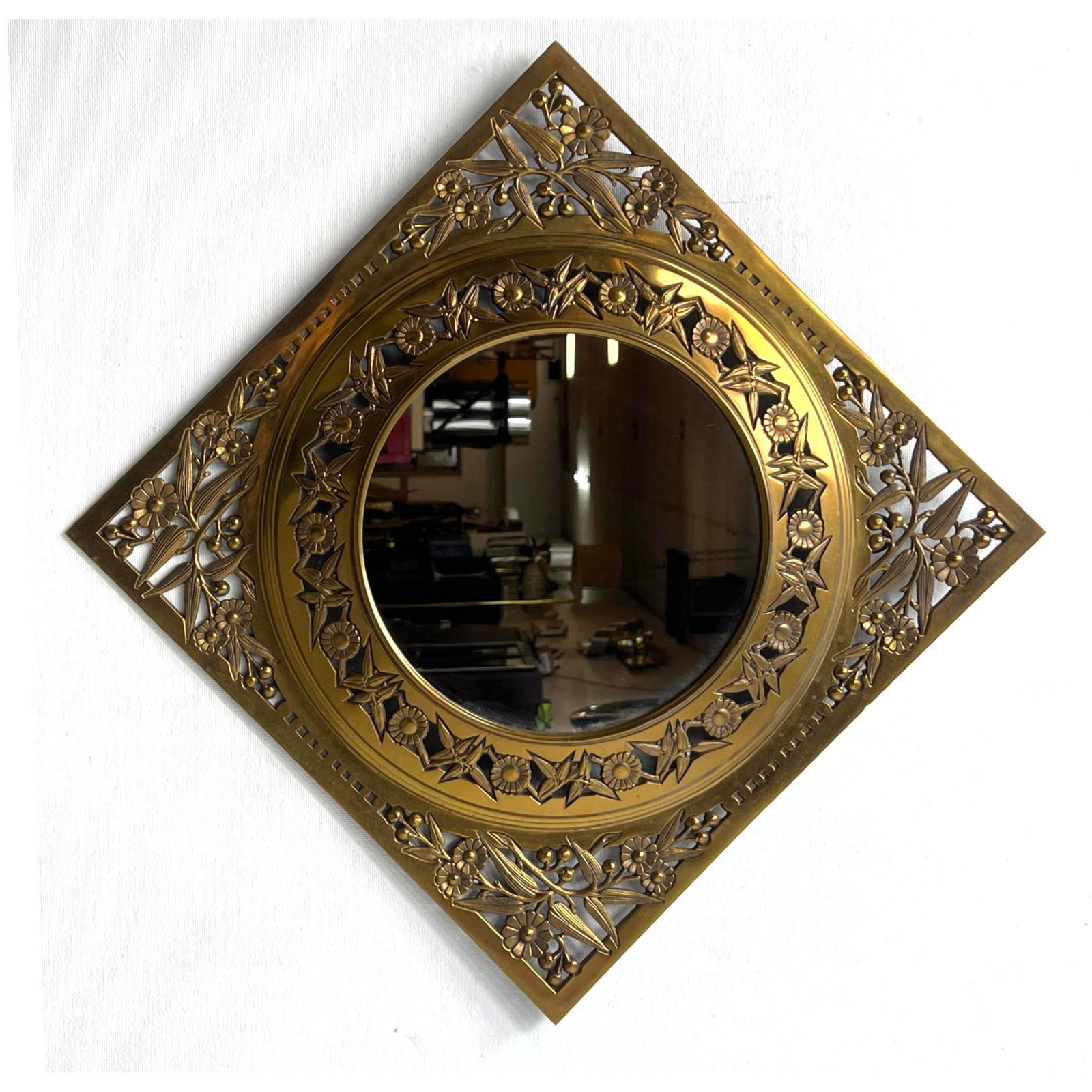 PARKER BROTHERS Aesthetic Movement Framed Mirror. Pierced Brass with Flower, Leaf and Berry Motif. C (1 of 9)