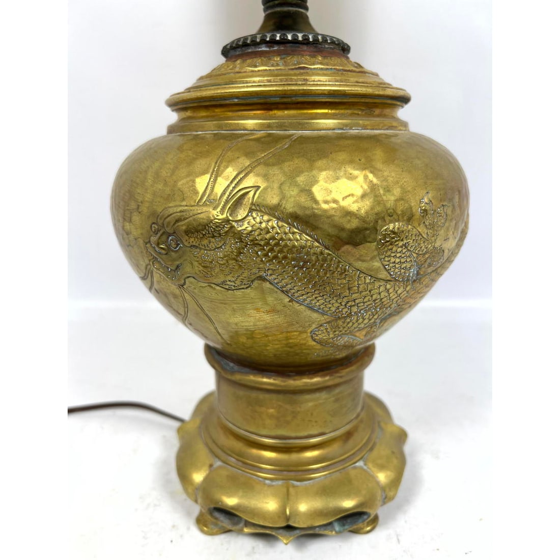 Antique Hammered Brass Vessel Lamp. Serpent engraved around the form. Lovely Asian Brass Stand (1 of 9)