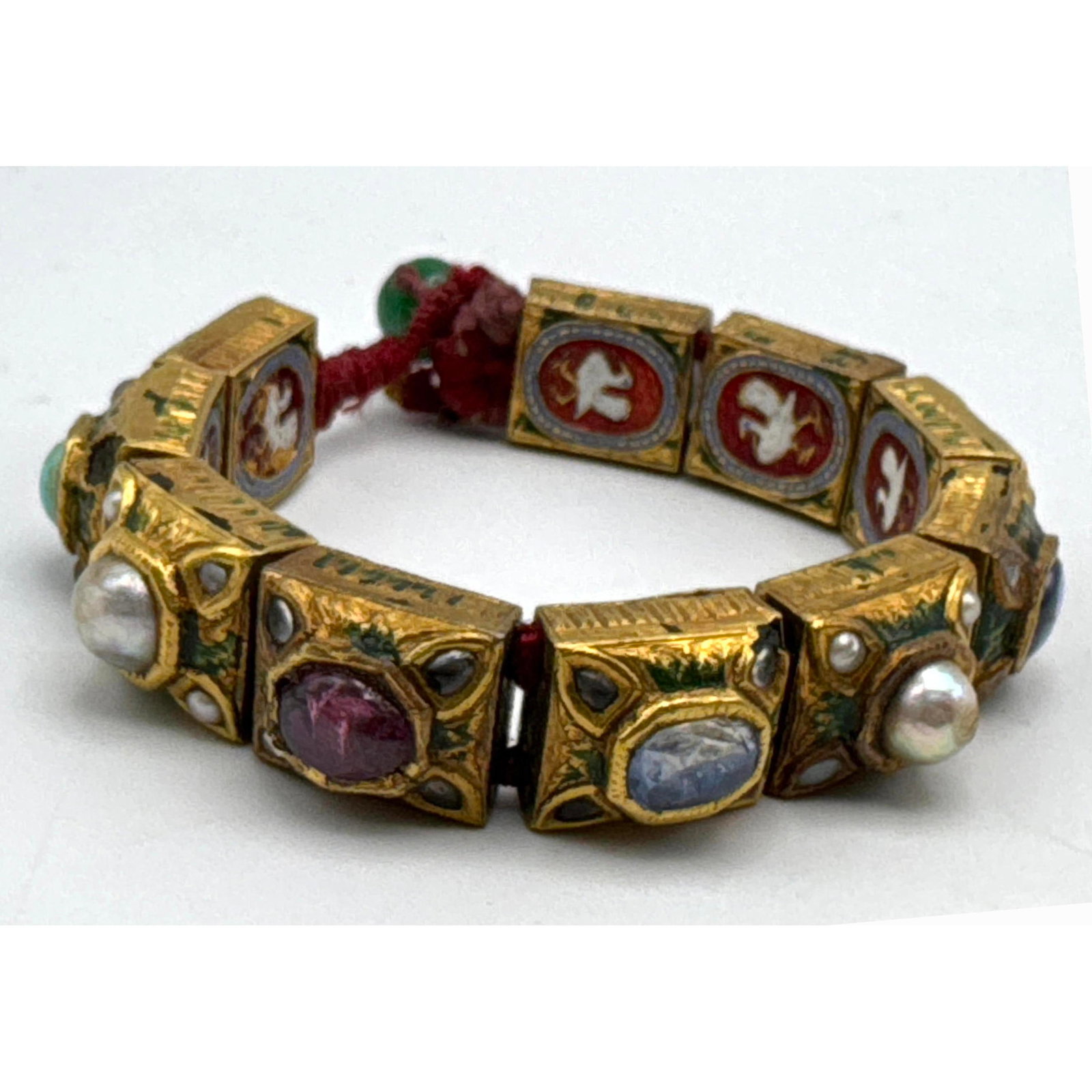 Antique Far Eastern Bracelet. Rectangular Links with enameled doves on backs. Tops set with gemstone (1 of 13)