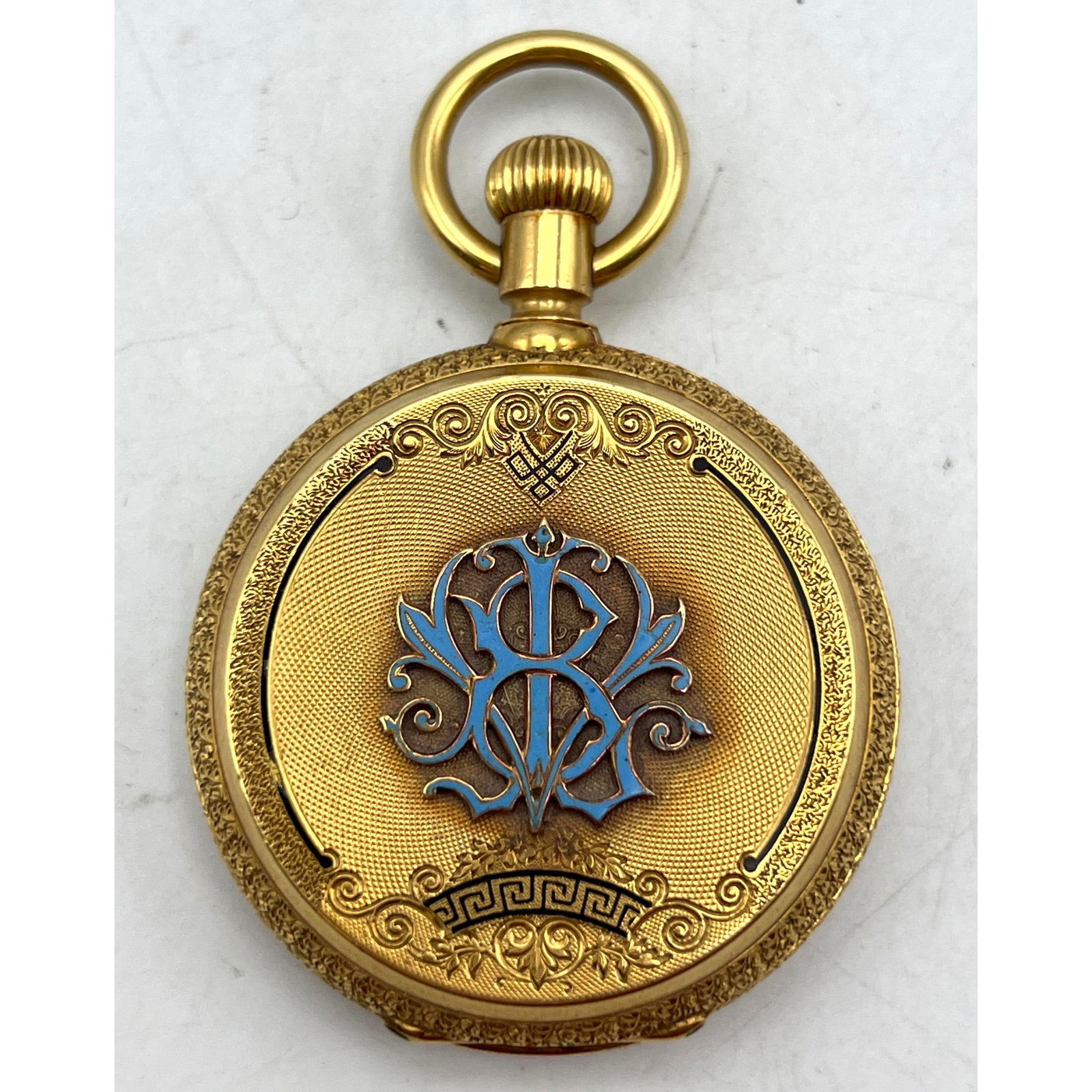 18K Gold Closed Case Pocket Watch. Enamel Face with Second Hand. Raised Blue Enamel BLV Monogram. BA (1 of 9)