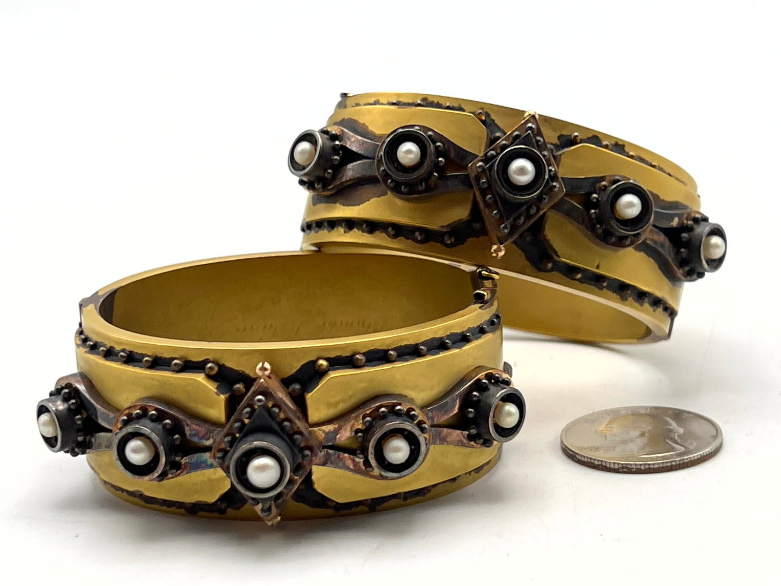 Matched Pair Antique Victorian Cuff Bracelets. Testing as Gold with Stone and 14k Acid. Each has rai (1 of 8)