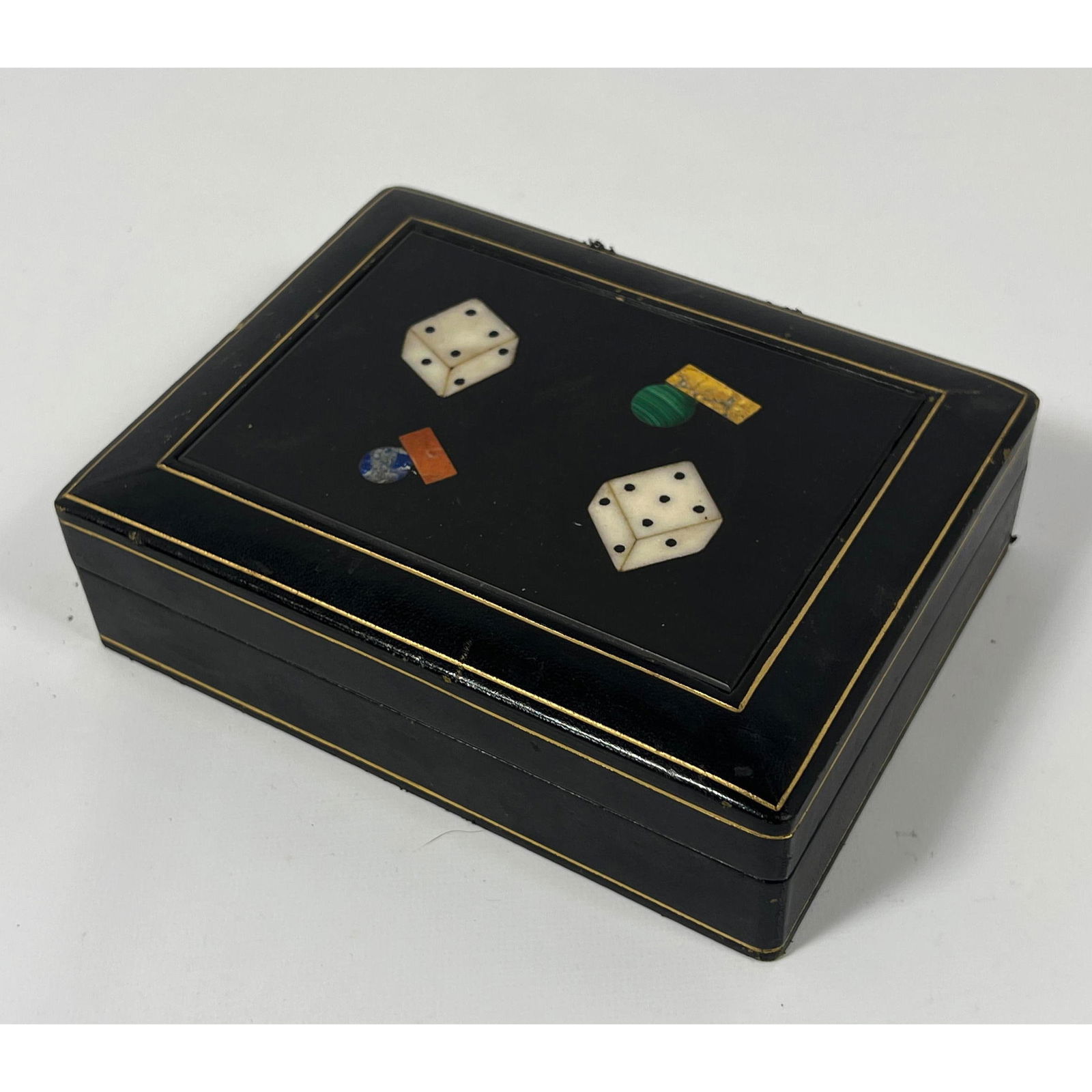 Pietra Dura Colorful Hardstone Inlaid Lid Box. Inlaid Dice  Gaming Gambling Theme. Box holds two dec (1 of 8)