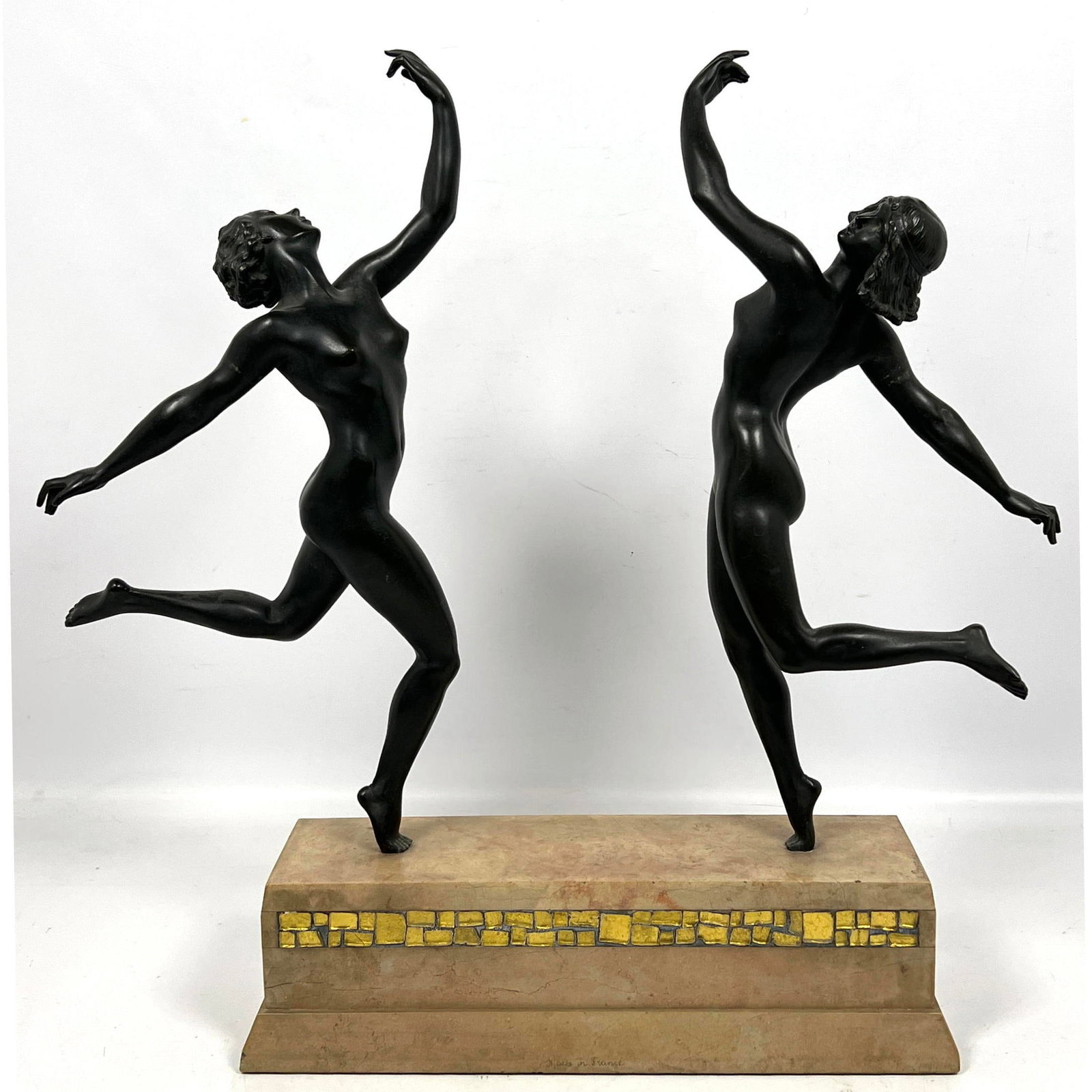 Original MARCEL ANDRE BOURAINE Bronze Dancer Sculptures. Two Posed Female Dancers mounted on Stone P (1 of 14)
