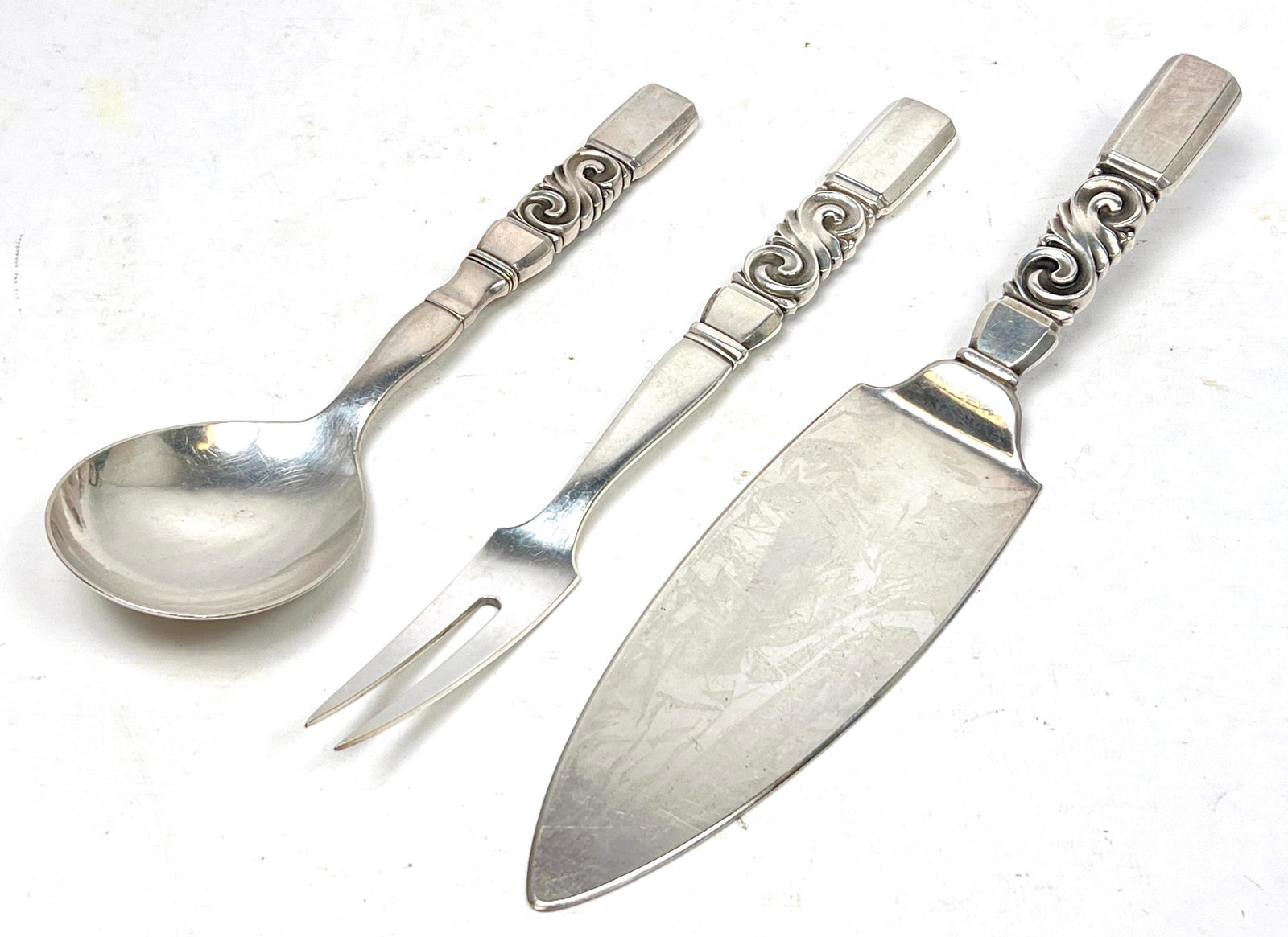3pcs Georg Jensen 22 Scroll sterling silver Serving Pieces. Pie server, fork, spoon. (1 of 14)