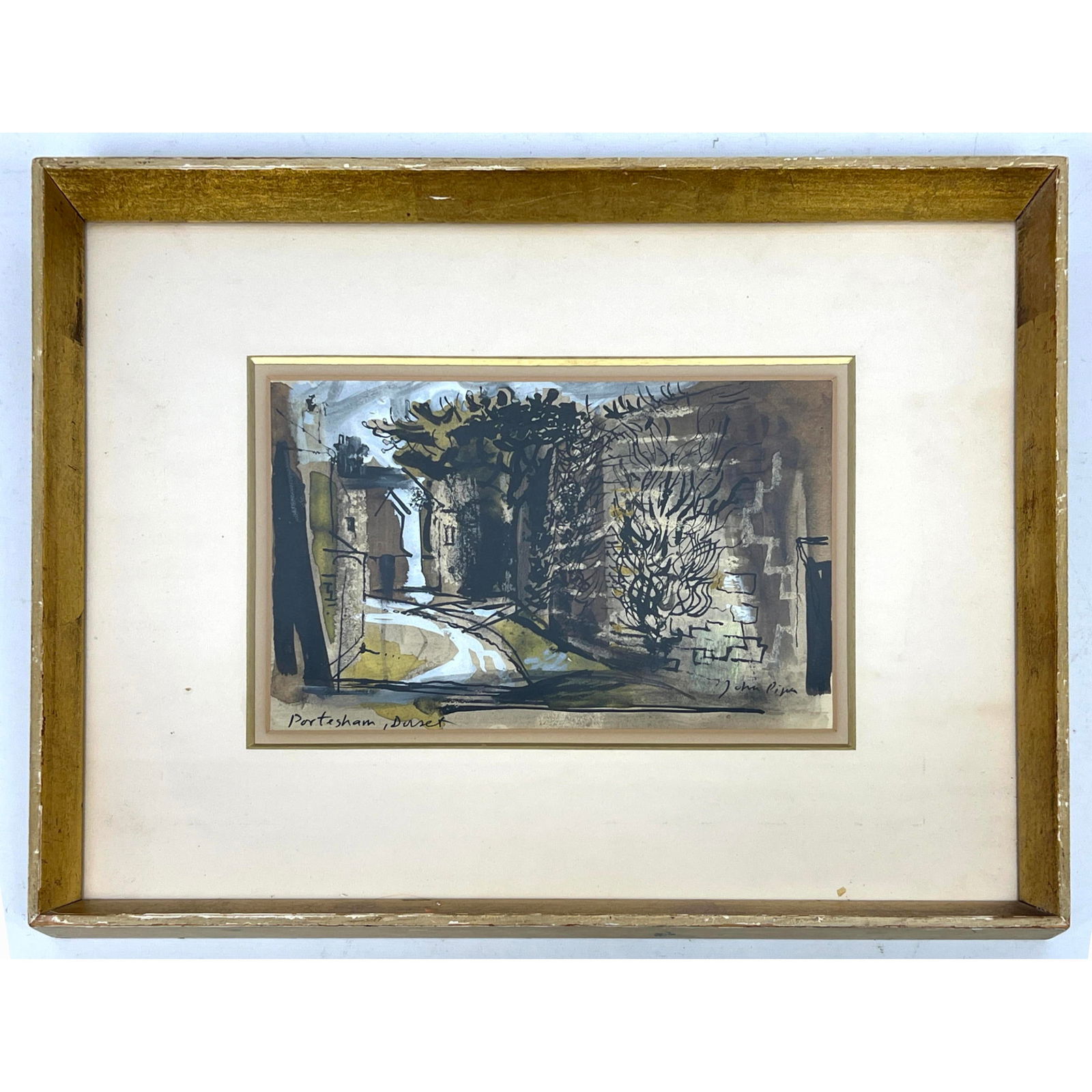 JOHN PIPER Signed Watercolor Painting. "Portesham, Dorset". Signed and Dated 1954.: JOHN PIPER Signed Watercolor Painting. "Portesham, Dorset". Signed and Dated 1954. Dimensions: Frame Height: 13.25 inches, Frame Width: 17 inches. - Image Size: Image Height: 7 inches, Image Width: 10