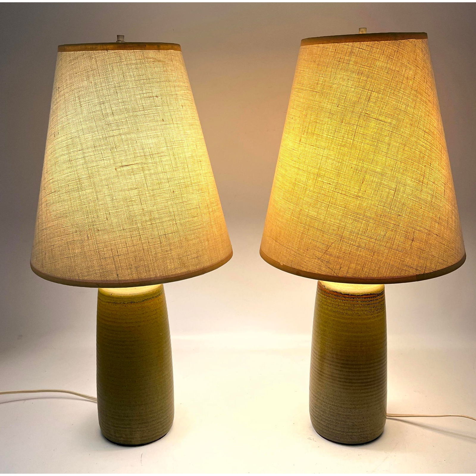 Pair Danish Modern Bostlund Lotte Glazed Ceramic Table Lamps. Nicely glazed ribbed form. Denmark (1 of 15)