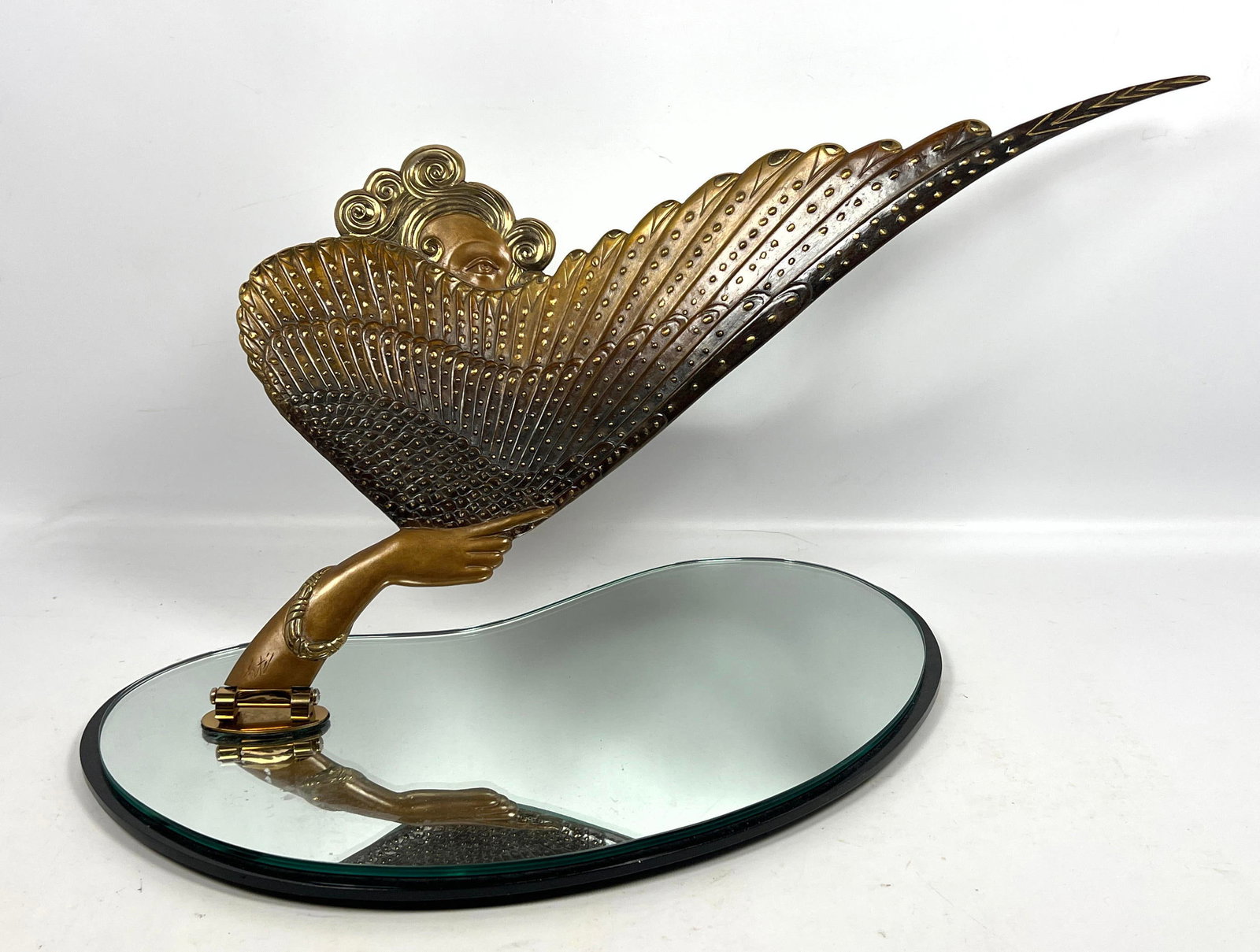 ERTE Coquette Table Mirror. Woman's Hand Holds Fan Above Mirror Plateau. Marked Erte. (1 of 12)