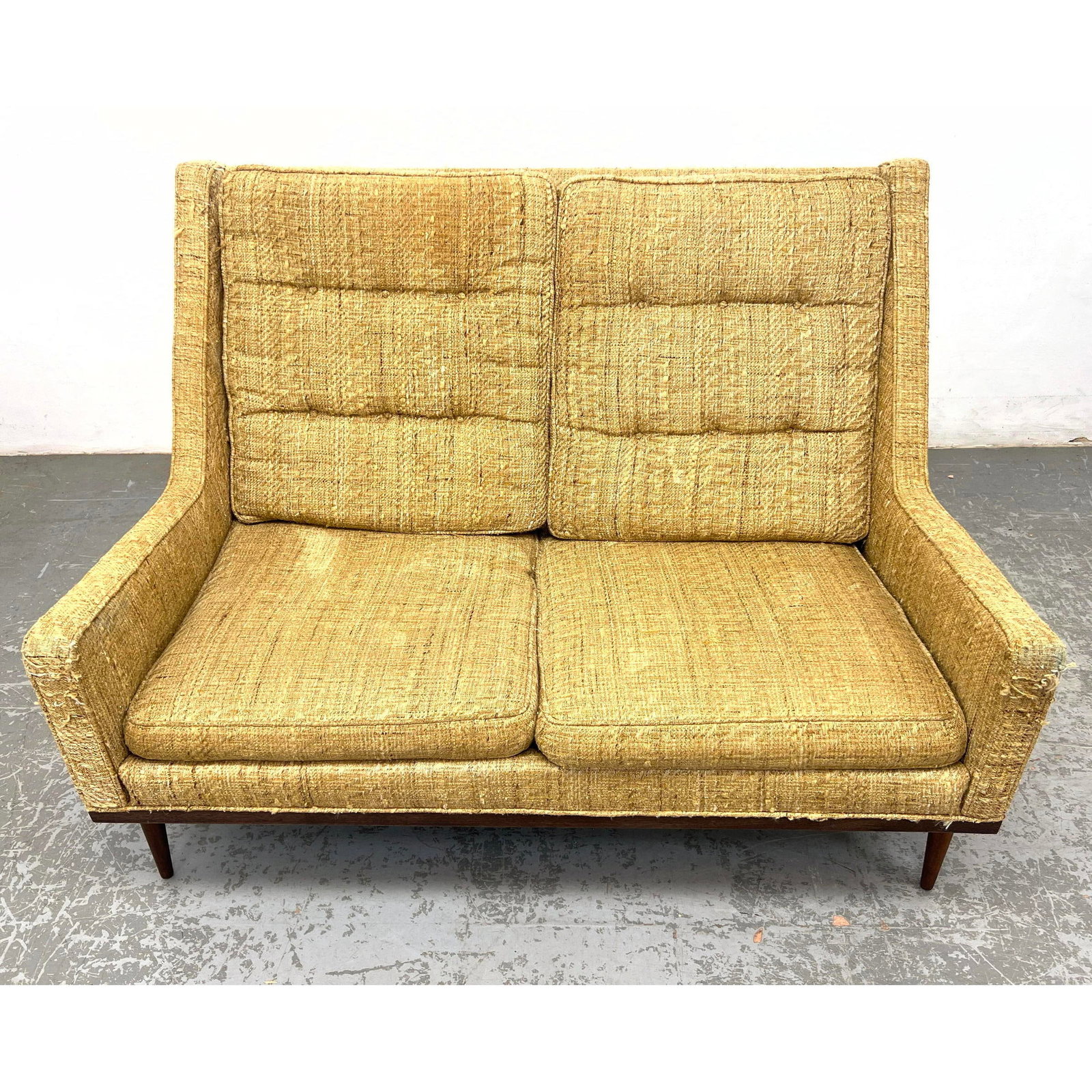 Hard to find Milo Baughman for James Inc Settee Love Seat sofa. Walnut frame with tall back. (1 of 10)