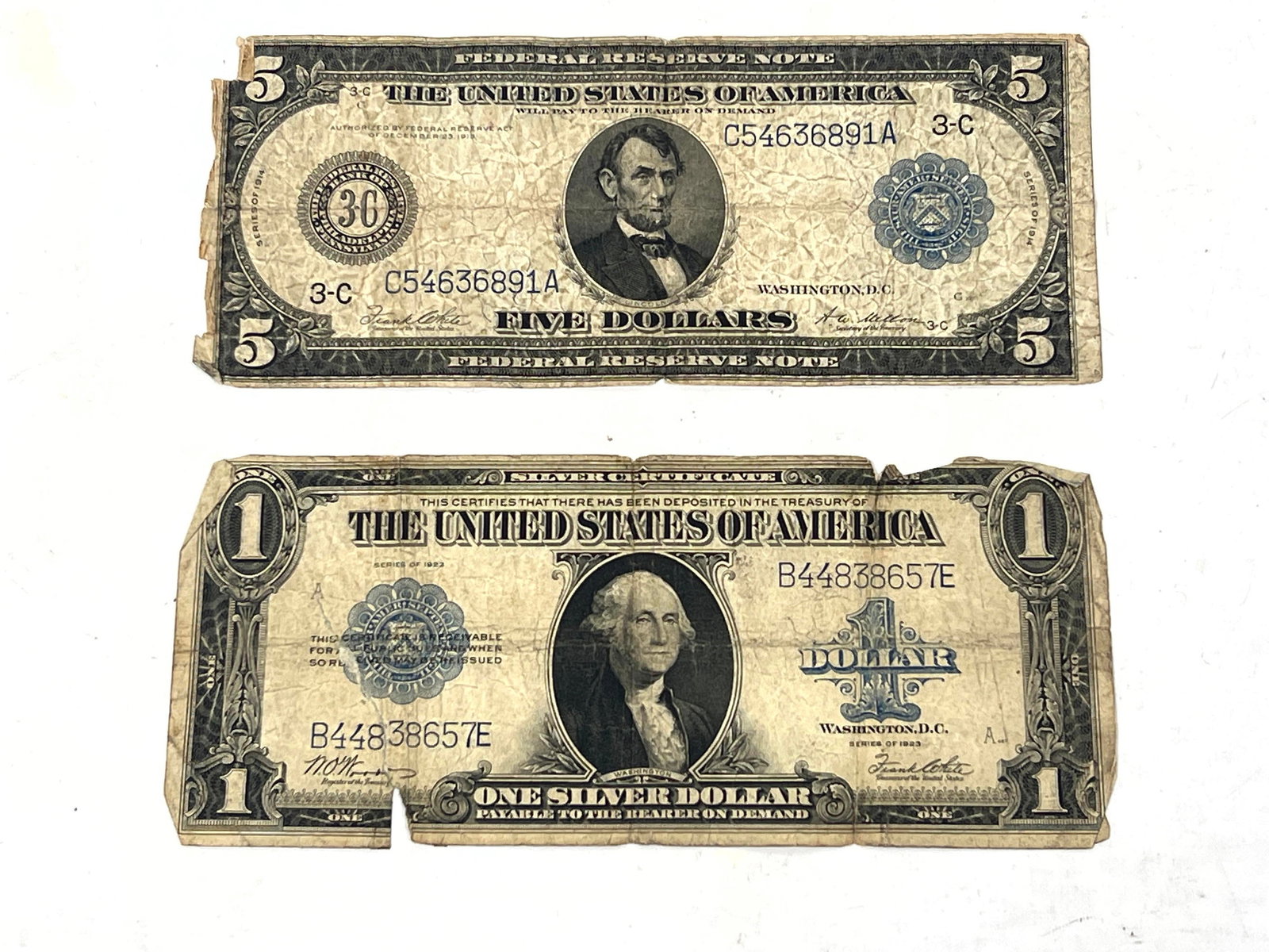 2pcs Vintage American Currency 1914 5 dollar bill, 1923 One dollar (1 of 14)