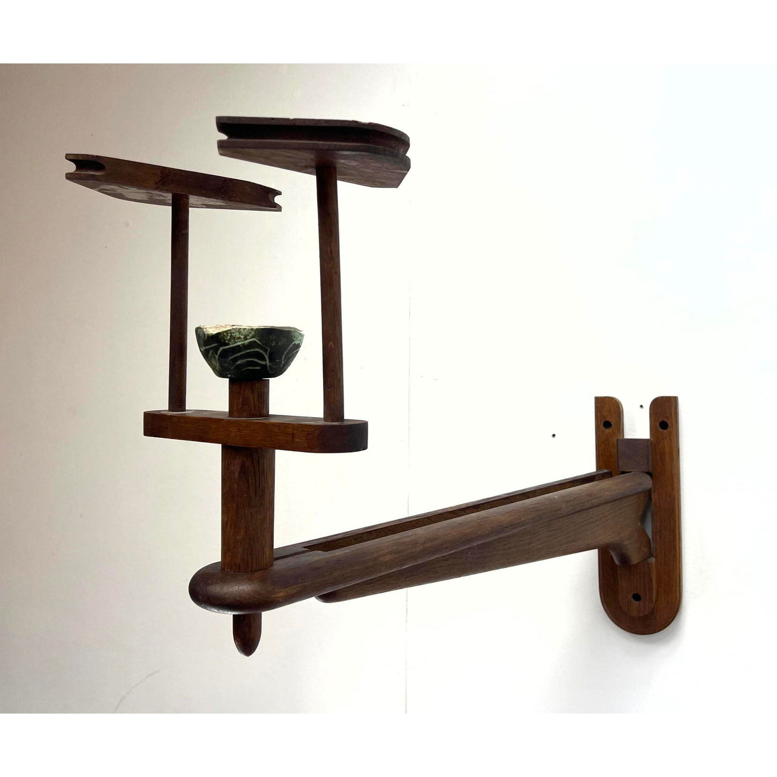 Large Guillerme et Chambron Wall Sconce en Chene with pottery bobeche, adjustable arm, Edition Votre (1 of 9)