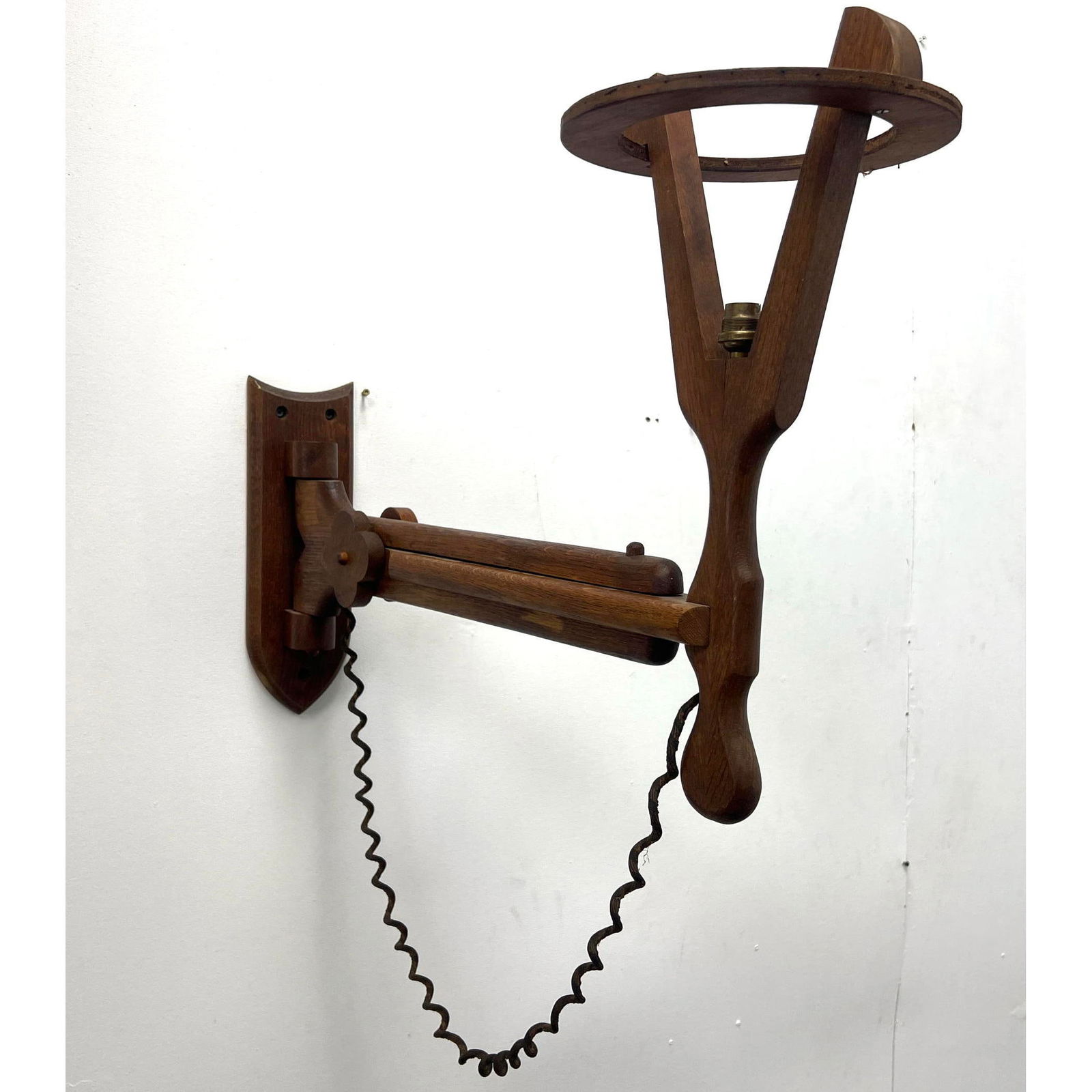 Large Guillerme et Chambron wall sconce with swivel and extend arm, circa 1970's, Oak. (1 of 11)