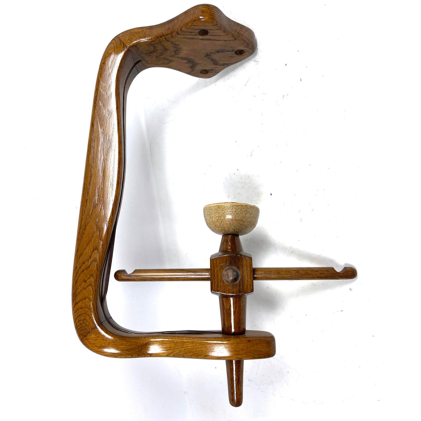 Guillerme et Chambron Ceiling fixture with pottery bobeche. Oak.: Guillerme et Chambron Ceiling fixture with pottery bobeche. Oak. Dimensions: Height: 22 inches, Width: 13 inches, Depth: 15.5 inches. --- US Packing and Shipping charge: In house shipping available. W