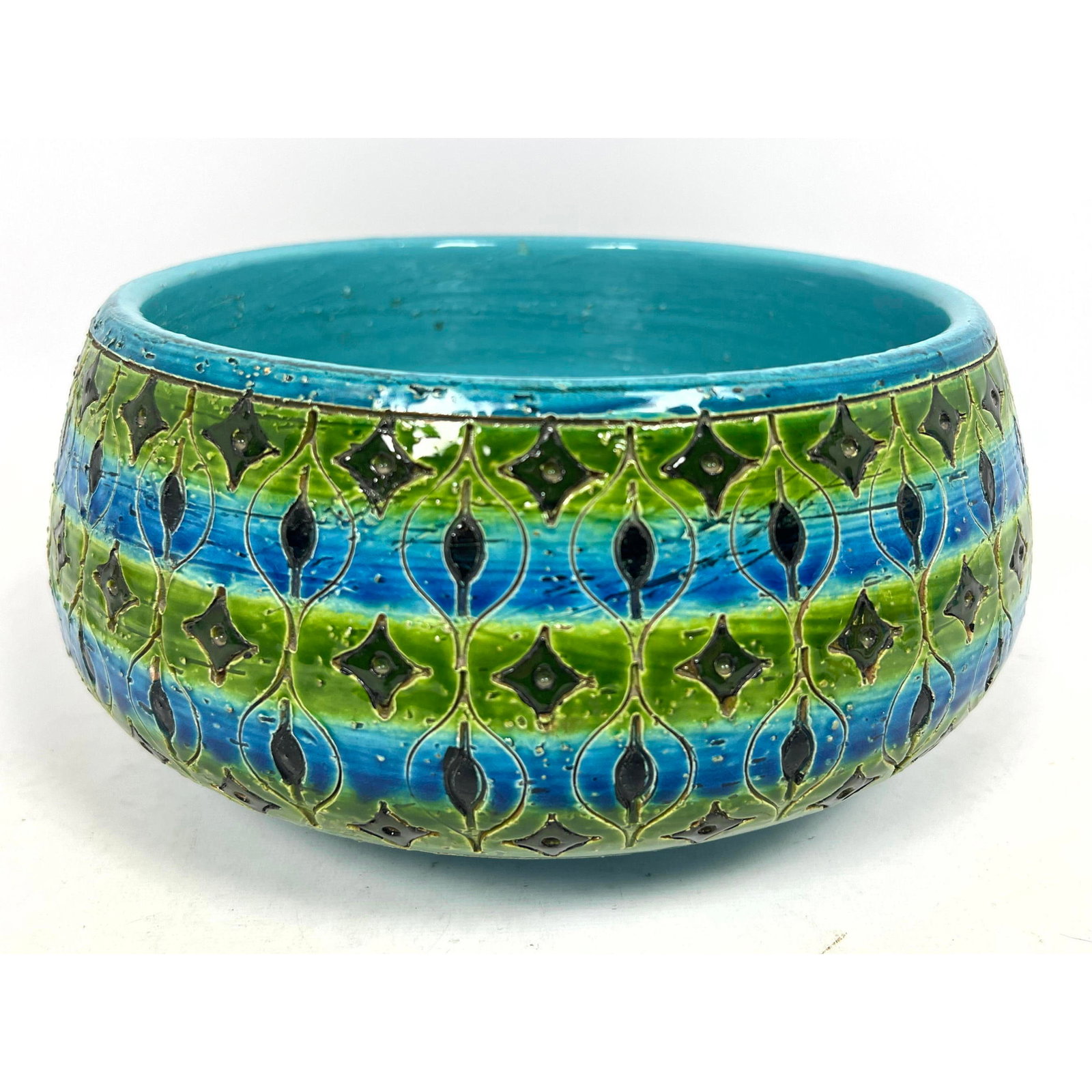 Italian MCM Glazed Art Pottery Bowl BITOSSI Incised design. Marked ITALY. (1 of 8)
