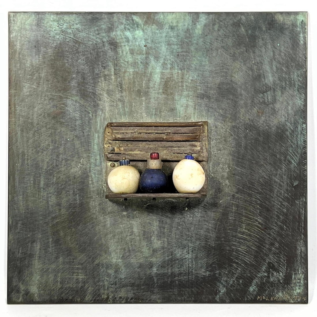 Jack McLean bronze wall plaque. Square panel has small shelf and three round "Bead" vessels.  Signed (1 of 7)