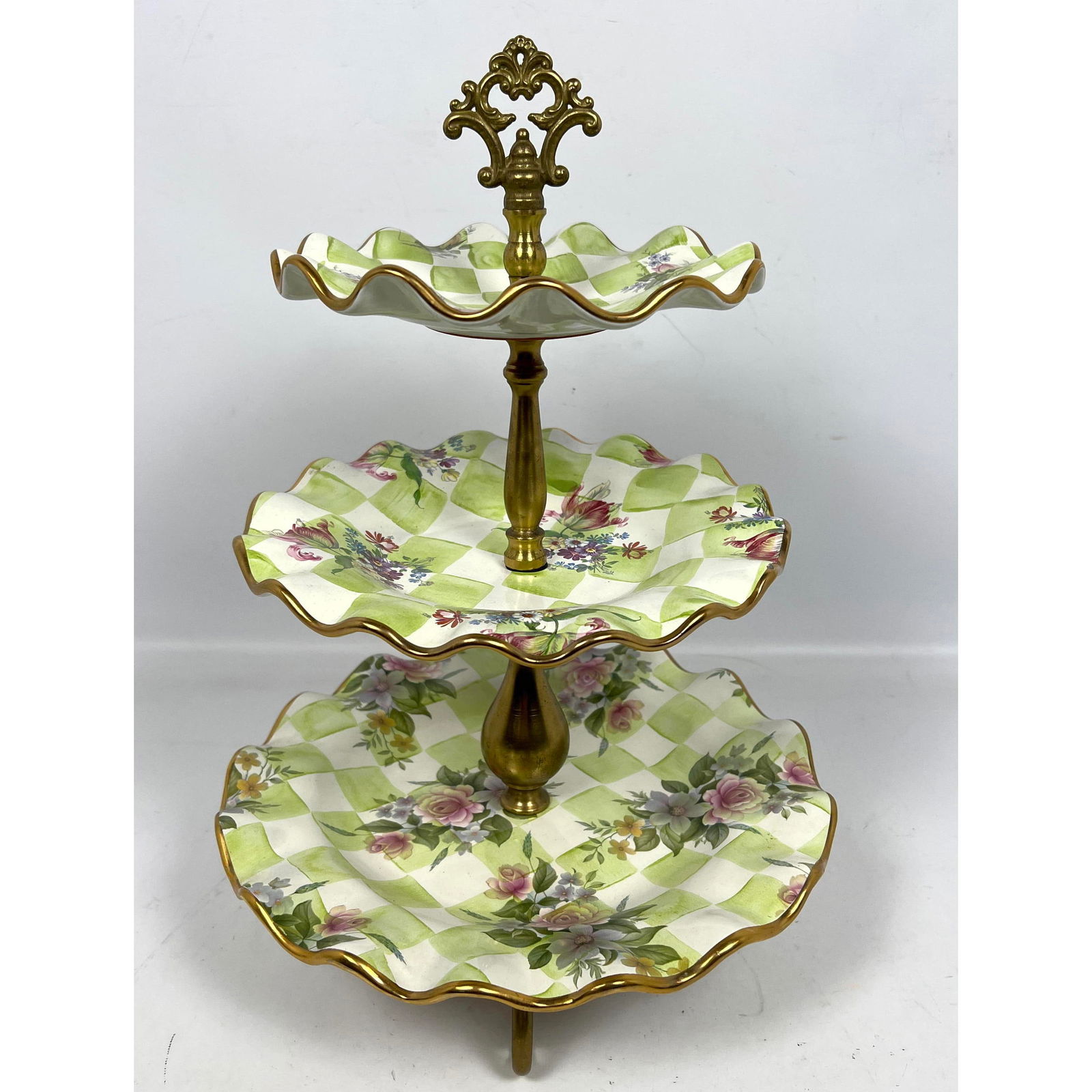 Mackenzie Childs 3 tier stand floral green checkered design bon bon tray Dish. (1 of 11)
