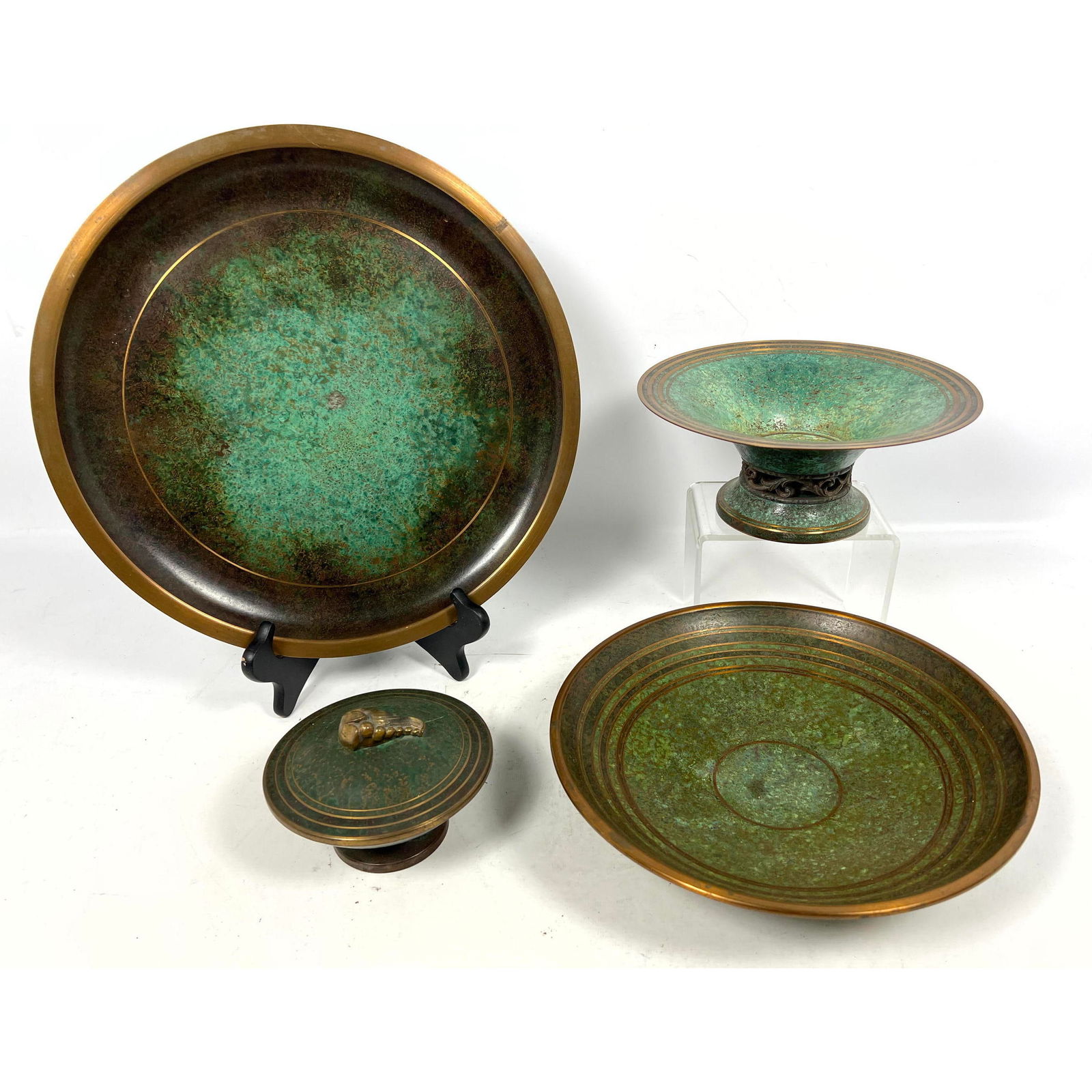 4pc Green Patina Bronze Modernist Items. 3 CARL SORENSEN Pieces; Compote, Lidded Box, Footed Bowl. (1 of 20)