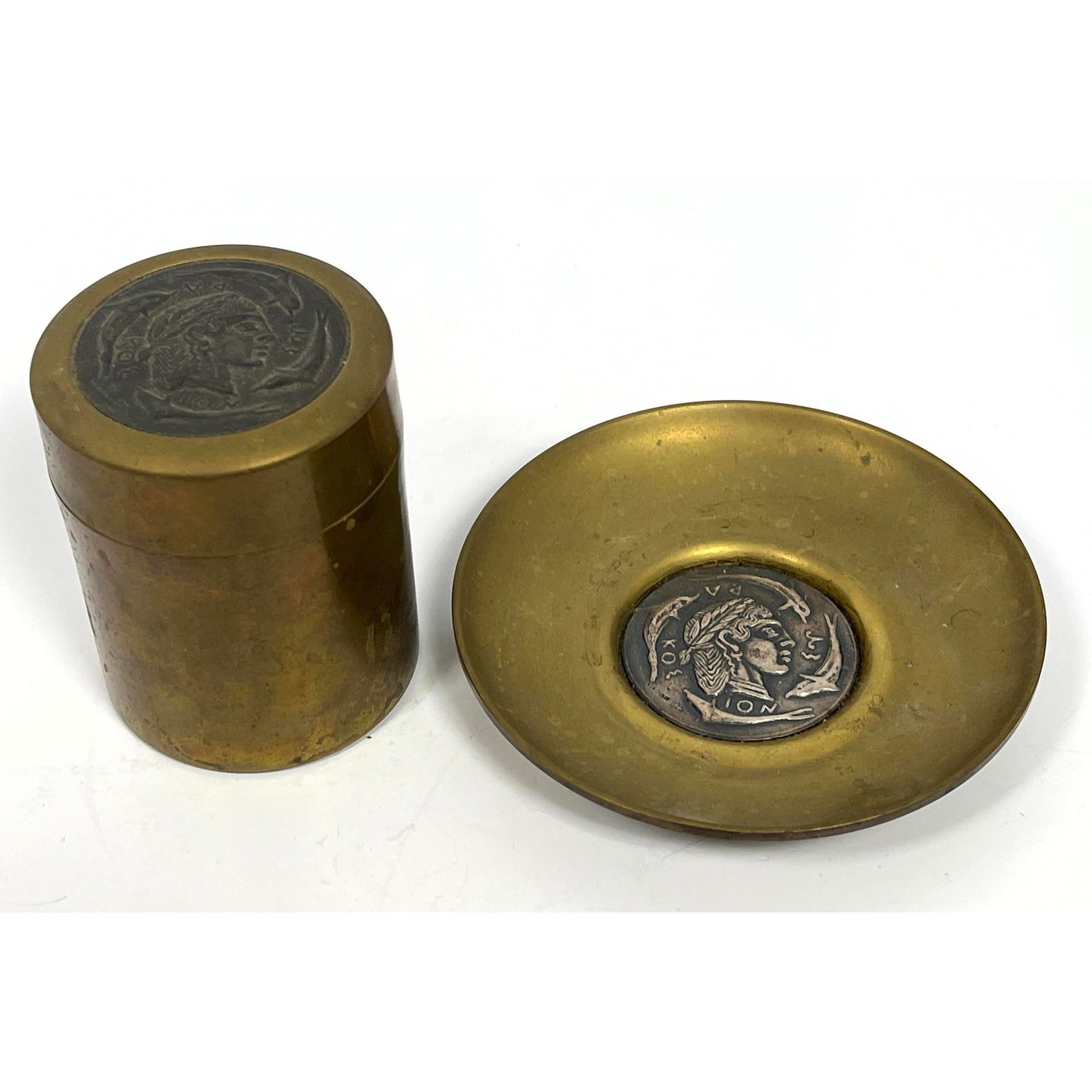 LALOUNIS brass and sterling top small dish and container. Marked.: LALOUNIS brass and sterling top small dish and container. Marked. Dimensions: Height: 3.5 inches, Width: 2.75 inches, Depth: 2.75 inches. - Additional Dimensions: Dish H: 4.75 inches, W: 4.75 inches -
