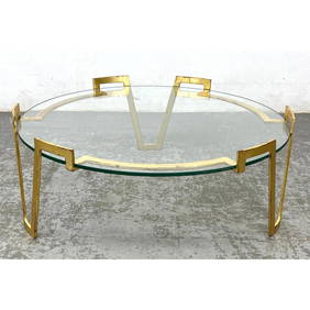 After Jean Royere Gilt Iron and Glass Cocktail Table. Round glass top rests in stylish 3 leg frame w (1 of 9)