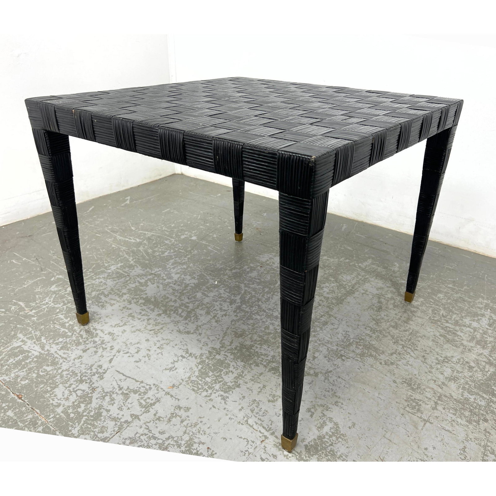 Checkered Patterned Woven Rattan Dining Game Table. Black Finish.: Checkered Patterned Woven Rattan Dining Game Table. Black Finish. Dimensions: Height: 29 inches, Width: 36 inches, Depth: 36 inches. --- - We offer curbside delivery for most items to NYC, Manhattan, 