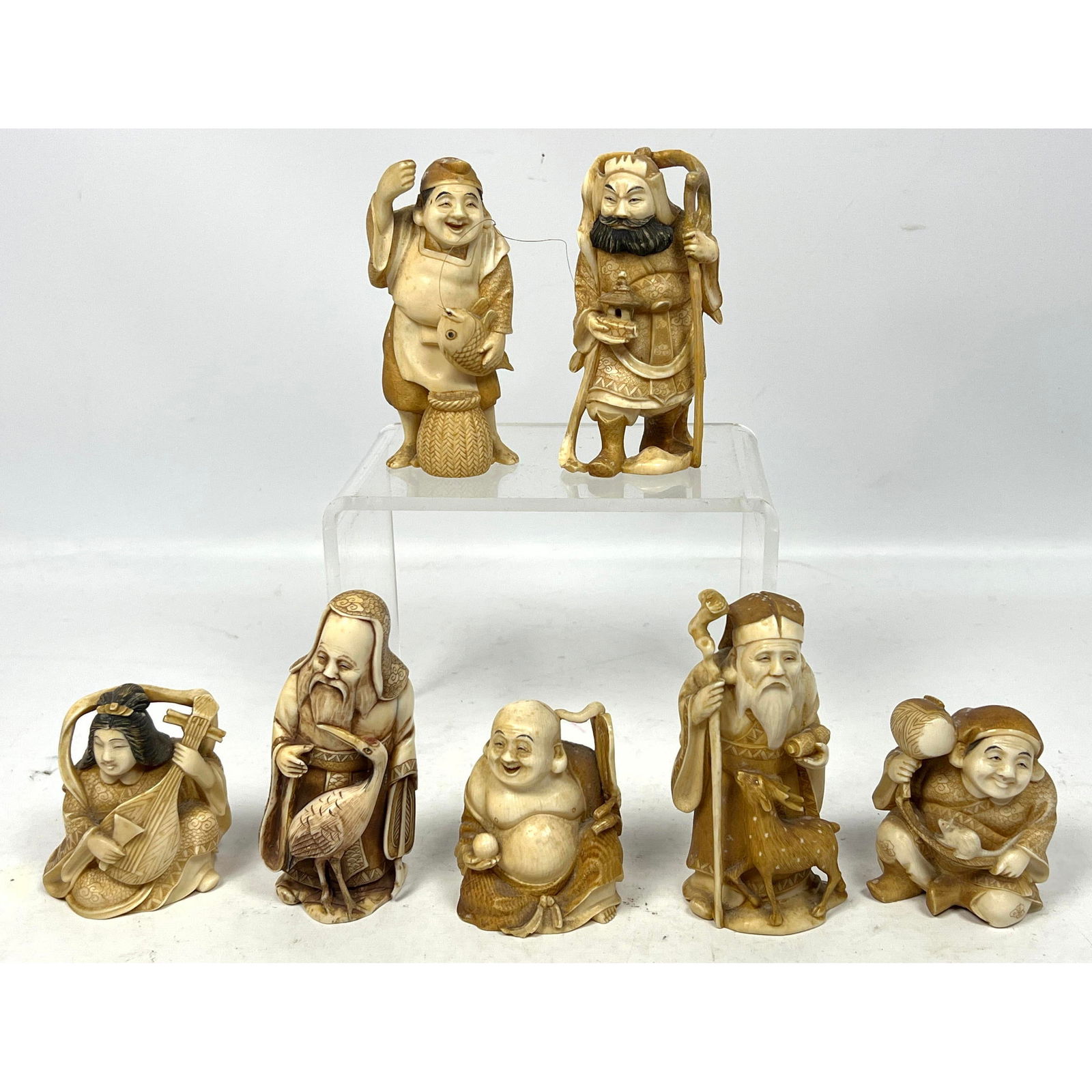 Collection 7 Asian Carved Figures. Musicians, Fishermen, Shepherds, etc. All Signed. (1 of 20)