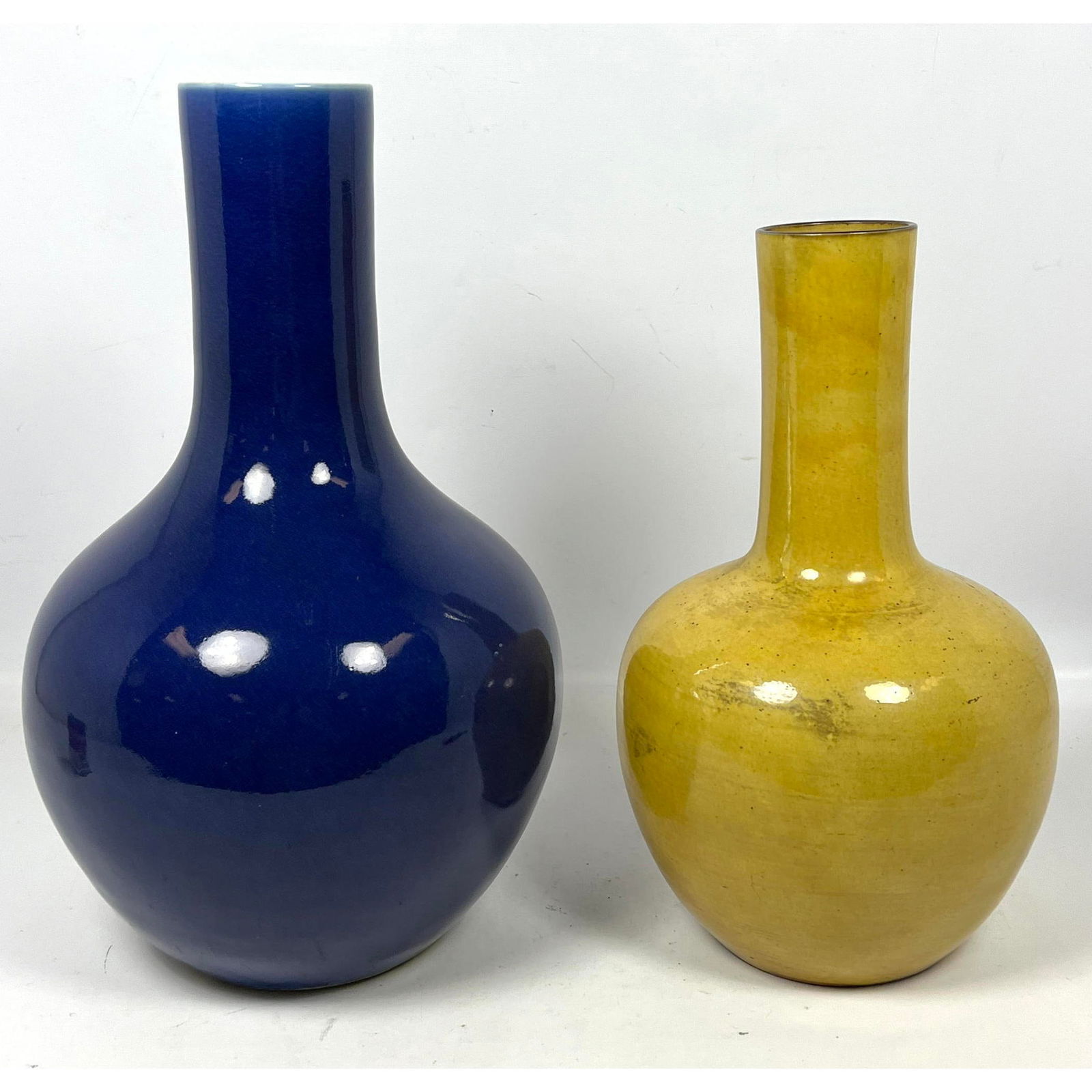 2pc Glazed Pottery Long Neck Vases. Blue. Yellow/Gold. (1 of 12)