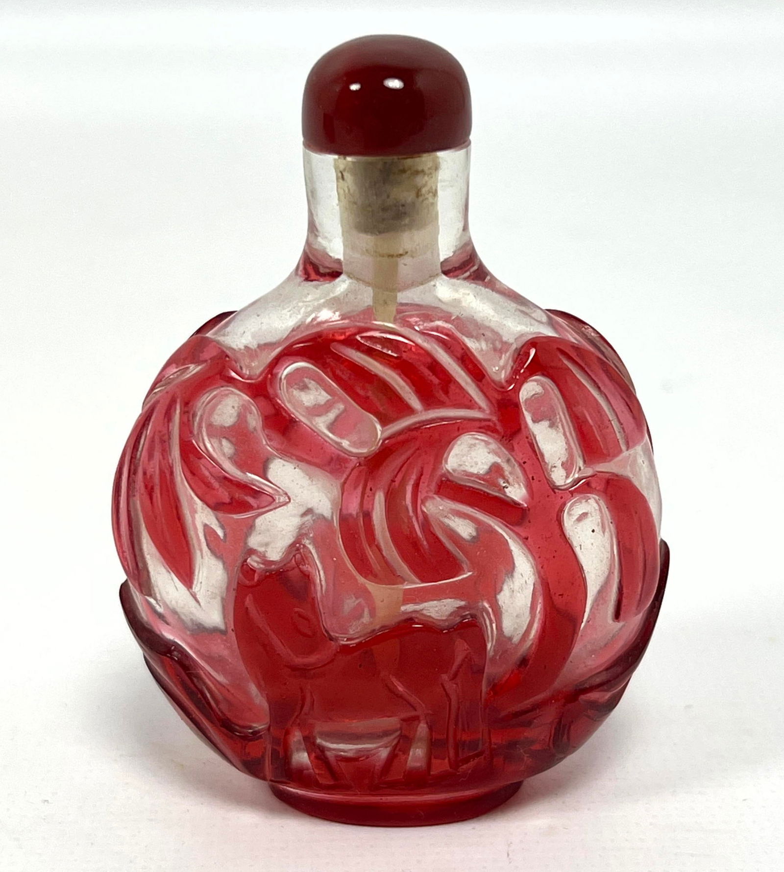 Chinese Single Glass Overlay Snuff Bottle. Standing horse under willow tree. (1 of 9)