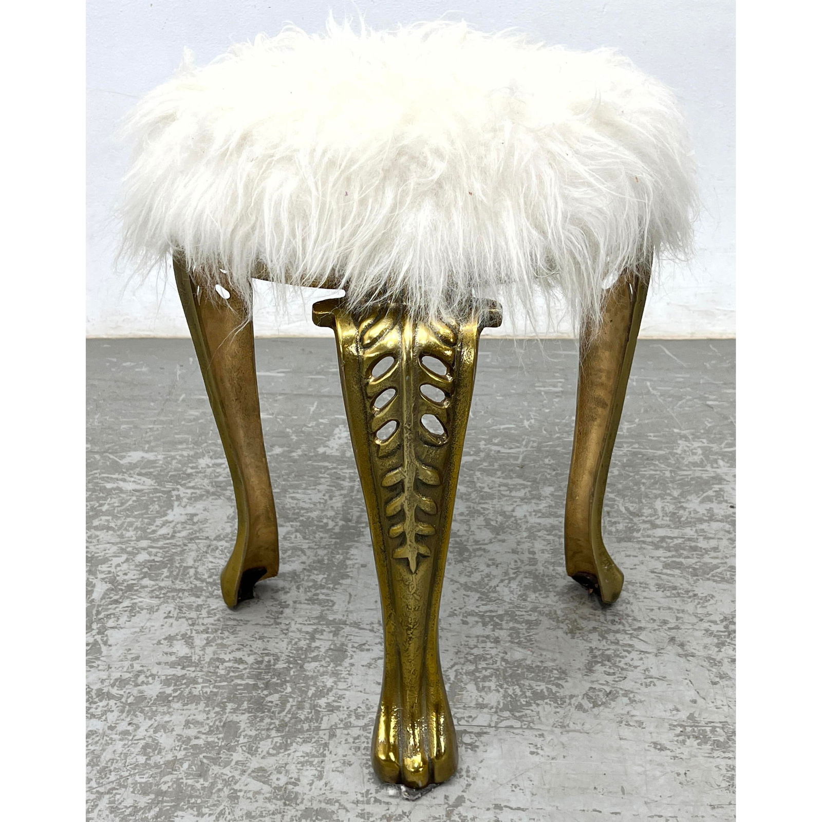 Gold tone Metal furry top Fluffy stool. Pierced cabriole legs (Aluminum) (1 of 8)
