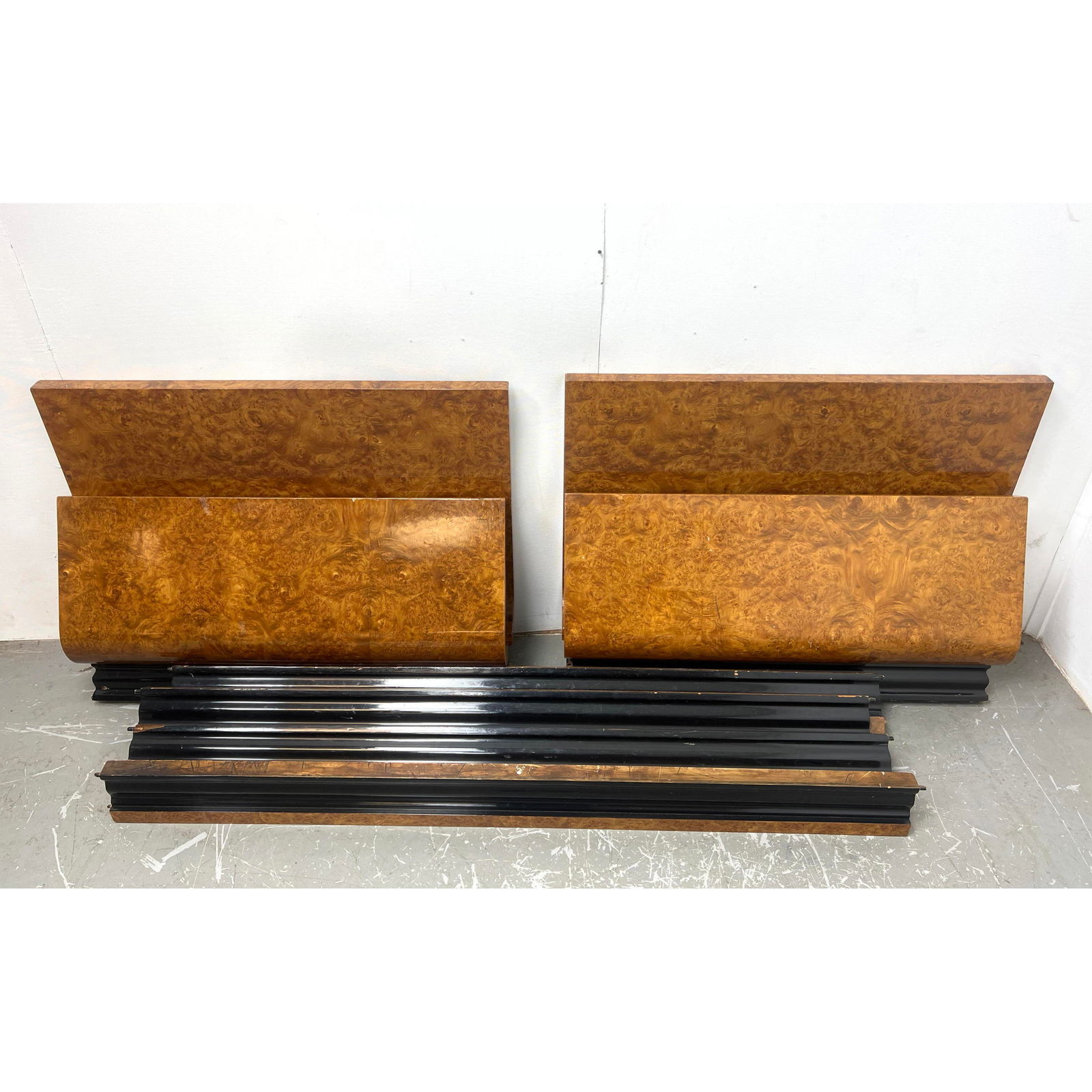 Pair Vintage French Deco Beds. Nice Burl with  Ebonized details, (1 of 5)