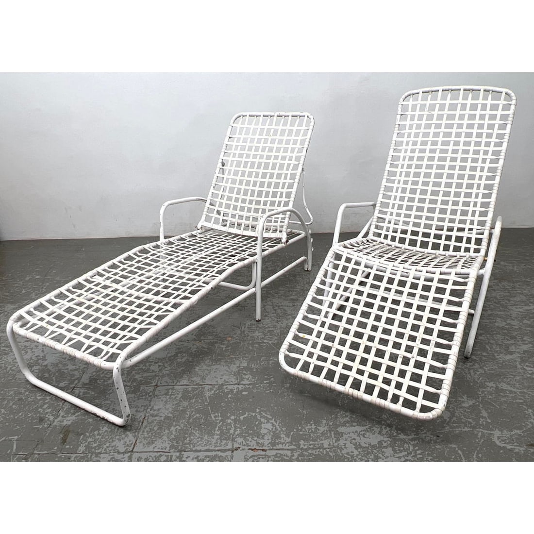 2pc Woven Web Strapping Chaise Lounges. Outdoor Garden Modernist. Different Models. Patio. Deck. Poo: 2pc Woven Web Strapping Chaise Lounges. Outdoor Garden Modernist. Different Models. Patio. Deck. Poolside. Dimensions: Height: 32 inches, Width: 26 inches, Depth: 70 inches. --- - We offer curbside de